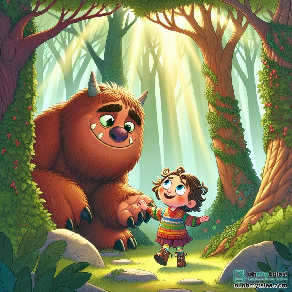 Une illustration sous forme de dessin destinée aux enfants représentant une scène magique dans une forêt enchantée, avec de grands arbres aux troncs noueux et des rayons de soleil filtrant à travers le feuillage, où un grand monstre amical à la fourrure brune et aux yeux doux, aux dents pointues mais souriantes, aide une petite fille aux cheveux bouclés et aux vêtements colorés, qui semble perdue mais curieuse, alors qu'ils découvrent ensemble une ancienne ruine recouverte de lierre, symbolisant l'amitié et l'aventure dans un monde fantastique.