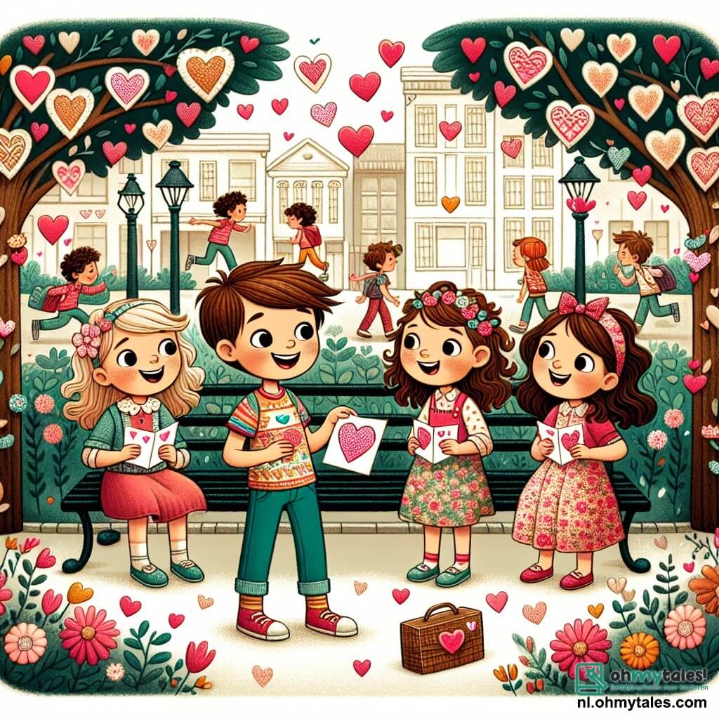 Une illustration sous forme de dessin destinée aux enfants représentant un charmant parc en plein cœur de la ville, avec des arbres en fleurs et des bancs ornés de cœurs en papier, où un garçon de 11 ans aux cheveux châtains et aux yeux pétillants, vêtu d'un t-shirt coloré et d'un jean, tient une pile de cartes de Saint-Valentin qu'il est en train de distribuer à ses amis, deux filles joyeuses aux cheveux bouclés et aux robes fleuries, qui rient et admirent les cartes, tandis qu'un groupe d'enfants s'amuse à côté, créant une atmosphère festive et chaleureuse, pleine de rires et de magie de la Saint-Valentin.
