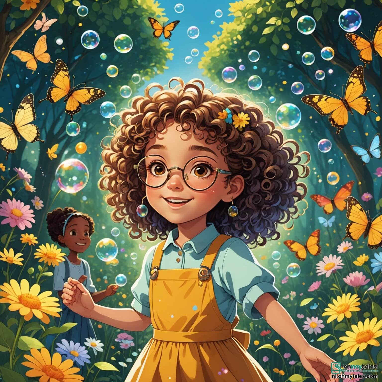 Une illustration destinée aux enfants représentant une petite fille aux cheveux bouclés et pétillants comme des bulles de savon, qui se trouve dans un jardin enchanté rempli de fleurs colorées et de papillons dansants, où elle s'apprête à organiser une fête surprise pour son meilleur ami, un garçon espiègle aux lunettes rondes, tout en étant entourée de ses autres amis, une fille joyeuse aux tresses dorées et un garçon au sourire malicieux, tous riant et jouant près d'un grand arbre aux branches noueuses, sous un ciel bleu parsemé de nuages cotonneux.