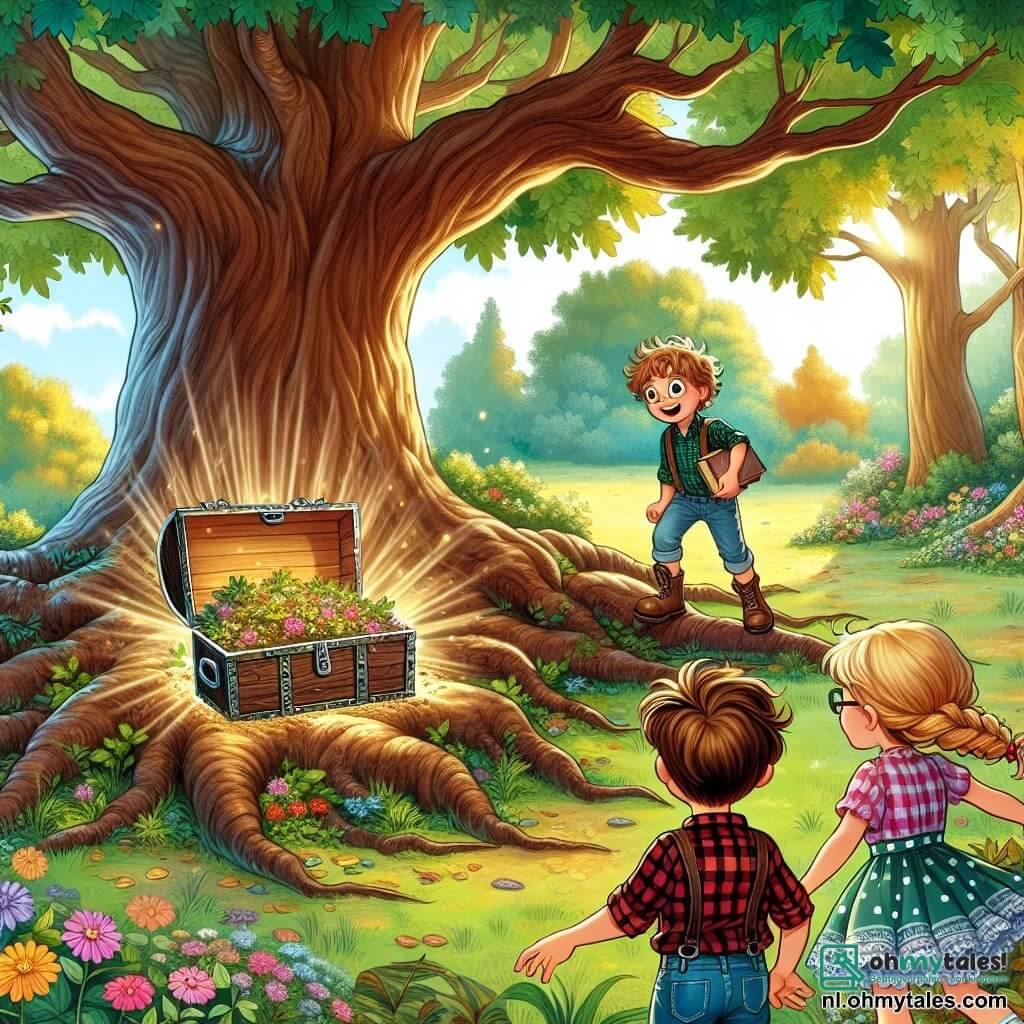 Illustratie van een scène in een zonnig park, met in het midden een grote, majestueuze esdoorn met uitgestrekte takken die schaduw bieden. De grond is bedekt met groene en gouden bladeren, en kleurrijke bloemen sieren het landschap. Op de voorgrond zit een 9-jarig jongetje met rommelig bruin haar, gekleed in een rood geruite shirt en een blauwe short, naast de wortels van de boom. Hij houdt een kleine houten kist in zijn handen, zijn ogen stralen van opwinding en nieuwsgierigheid. Naast hem staan twee vrienden: een 9-jarig meisje met gevlochten blond haar, in een stippenjurk en sandalen, dat met verwondering naar de kist kijkt, en een 10-jarig jongetje met een bril en een groene t-shirt, die met zijn vinger naar een schatkaart wijst die hij vasthoudt. De belangrijkste situatie toont de kinderen die een mysterieuze kist ontdekken die verborgen is onder de wortels van de boom, omgeven door een sfeer van avontuur en mysterie, met zonnestralen die door de bladeren filteren. Extra elementen zijn een schatkaart die naast hen ligt, vogels die in de takken zingen, en een zachte wind die de bladeren laat dansen.