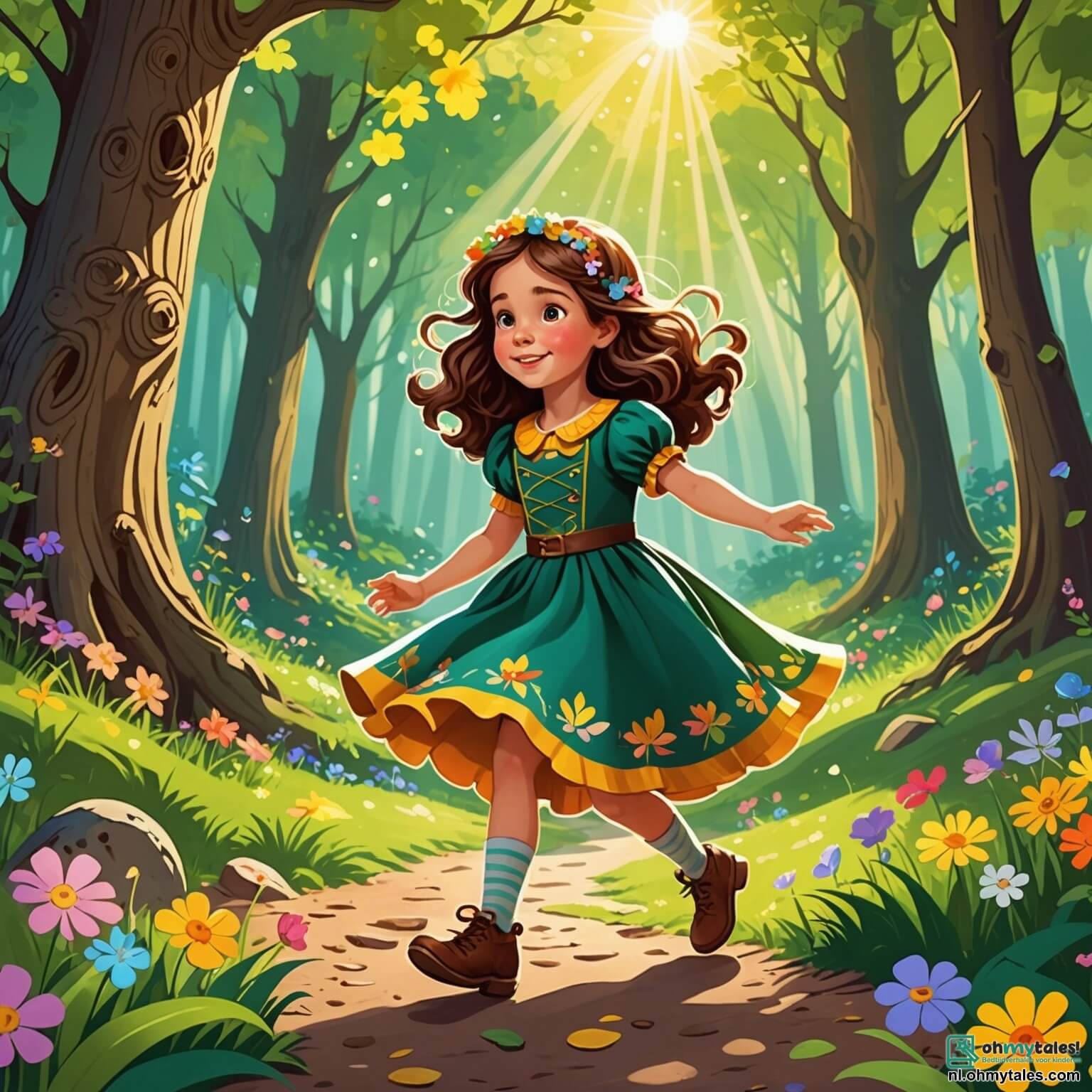 Une illustration destinée aux enfants représentant une petite fille aux cheveux châtains ondulés et à la robe colorée ornée de fleurs, pleine de curiosité et d'enthousiasme, se lançant dans une aventure magique à la recherche d'œufs de Pâques dans une forêt enchantée où les arbres majestueux aux troncs épais et aux feuilles verdoyantes dansent au gré du vent, tandis que des rayons de soleil filtrent à travers le feuillage, créant des ombres dansantes sur le sol tapissé de fleurs sauvages, accompagnée de son meilleur ami, un garçon espiègle à la grande sourire et aux yeux pétillants, qui porte des lunettes amusantes et partage avec elle des rires et des secrets tout au long de leur quête pour découvrir un œuf d'or mystérieux caché dans les recoins secrets de ce lieu féerique.