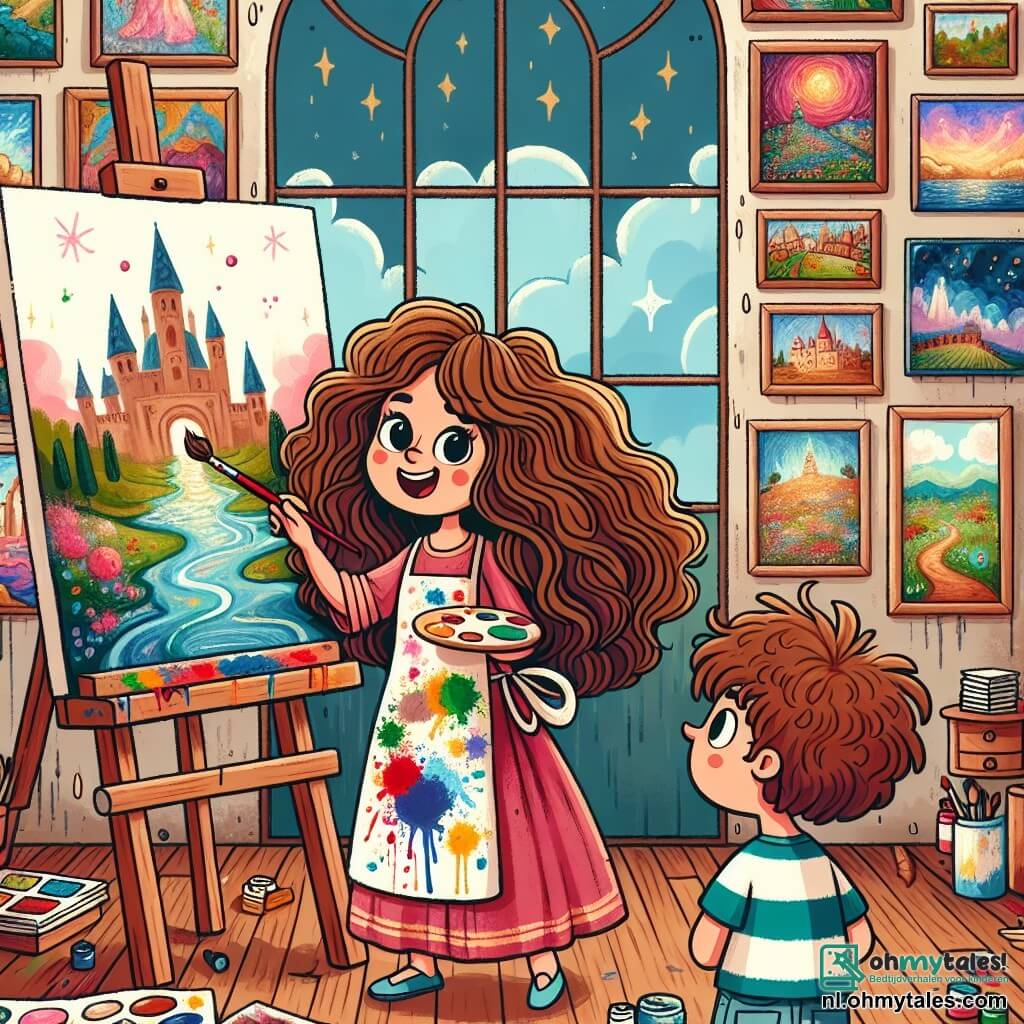 Une illustration sous forme de dessin destinée aux enfants représentant un atelier d'artiste lumineux et coloré, avec des murs ornés de tableaux vibrants, où une femme aux cheveux longs et bouclés, vêtue d'un tablier éclaboussé de peinture, est en train de peindre un paysage féerique sur un grand chevalet, tandis qu'un garçon aux cheveux courts et frisés, portant un t-shirt rayé, observe avec émerveillement et tient un pinceau dans sa main, le tout baigné dans une atmosphère joyeuse et créative, symbolisant l'amitié et l'inspiration artistique.