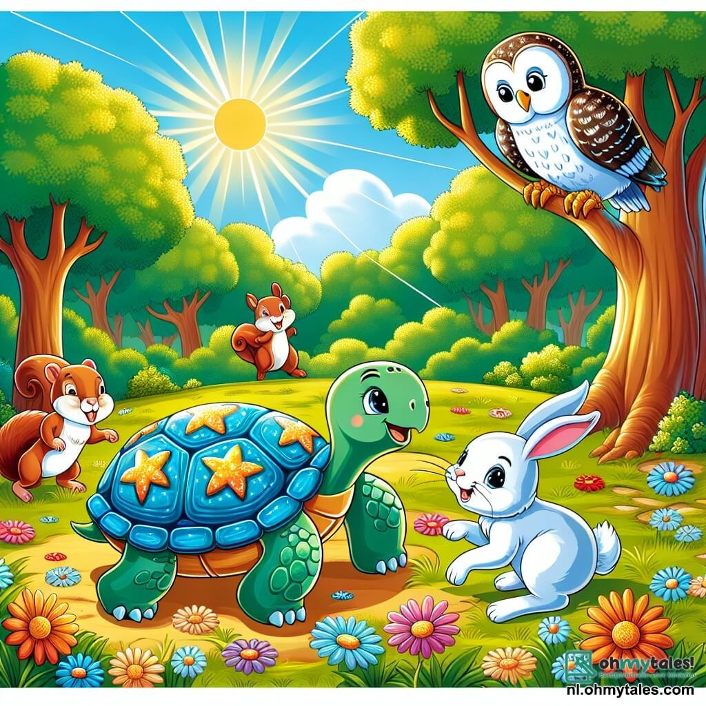 Une illustration sous forme de dessin destinée aux enfants représentant une clairière ensoleillée au cœur d'une forêt verdoyante, où une tortue au magnifique et brillant carapace étoilée avance lentement sur le sol tapissé de fleurs colorées, entourée d'un joyeux lapin aux grandes oreilles blanches qui saute de joie et d'un écureuil au pelage roux qui grimpe à un arbre, tandis qu'un hibou sage les observe depuis une branche, le tout illustrant un moment de camaraderie et de partage pendant une course amicale entre amis.