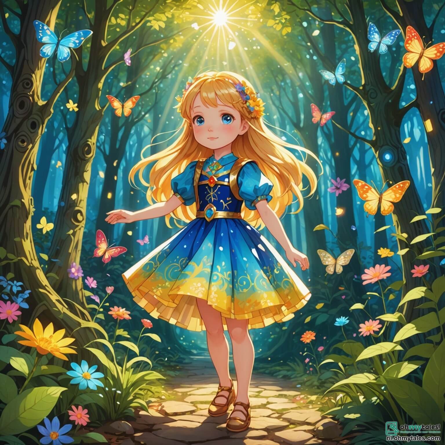 Une illustration destinée aux enfants représentant une petite fille aux cheveux dorés comme les rayons du soleil, vêtue d'une robe colorée ornée de motifs de circuits et de fleurs, se tenant au milieu d'une forêt enchantée où des arbres aux troncs scintillants et aux feuilles multicolores dansent au rythme d'une douce mélodie, tandis qu'elle découvre un mystérieux gadget bleu brillant, entourée de créatures féeriques aux couleurs vives, des Flonkers, qui sont de petits êtres joyeux et pétillants, et d'un grand robot au cœur de métal, autrefois triste mais désormais souriant, tous unis dans une quête magique pour apporter la joie et la lumière dans un monde où la mélancolie avait pris le dessus.