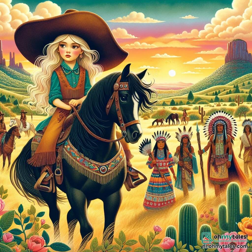 Une illustration destinée aux enfants représentant une jeune cowgirl intrépide, avec un grand chapeau de feutre qui lui tombe sur les yeux, chevauchant son fidèle cheval noir à la crinière ondulante à travers les vastes prairies dorées de Dusty Creek, où le soleil couchant embrase le ciel de teintes oranges et roses, tandis qu'elle se dirige vers une clairière enchantée où une sage tribu d'indiens, composée d'hommes robustes et de femmes élégantes aux vêtements colorés ornés de perles, l'accueille pour l'aider à résoudre le mystère d'une source d'eau cachée, tout cela dans un décor pittoresque de collines verdoyantes et de cactus éparpillés, sous un ciel azur parsemé de nuages cotonneux.