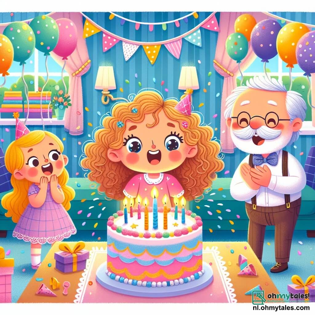 Une illustration sous forme de dessin destinée aux enfants représentant une salle de séjour colorée et joyeusement décorée avec des ballons et des guirlandes, où une petite fille de 4 ans aux cheveux bouclés et aux yeux pétillants, vêtue d'une robe rose, souffle sur les bougies d'une magnifique gâteau d'anniversaire, entourée de son amie, une fille aux cheveux longs et blonds portant une robe bleue, qui applaudit avec enthousiasme, tandis que le voisin, un homme âgé avec une moustache grise, sourit en tenant une boîte de confettis, créant une atmosphère festive pleine de rires et de surprises.