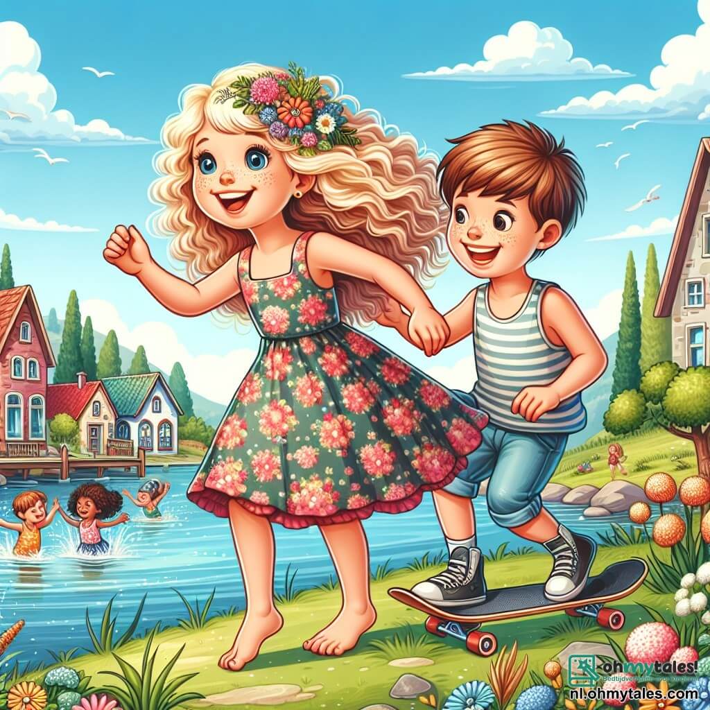 Une illustration sous forme de dessin destinée aux enfants représentant un charmant village d'été avec des maisons colorées et des fleurs dans les jardins, où une fille de 9 ans aux cheveux blonds et bouclés, portant une robe à fleurs, rit joyeusement en jouant au bord d'un lac avec un garçon de son âge aux cheveux bruns et courts, qui tient un skateboard, tandis qu'ils s'apprêtent à plonger dans l'eau scintillante, entourés de rires d'autres enfants et d'un ciel bleu parsemé de nuages blancs.