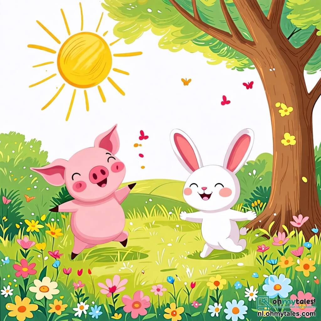 Une illustration sous forme de dessin destinée aux enfants représentant un champ verdoyant parsemé de fleurs colorées, avec un petit cochon rose aux yeux pétillants qui saute de joie, entouré de son ami un adorable lapin blanc aux grandes oreilles qui rit, alors qu'ils jouent à cache-cache sous un grand arbre, le soleil brillant au-dessus d'eux et une légère brise faisant danser les fleurs.