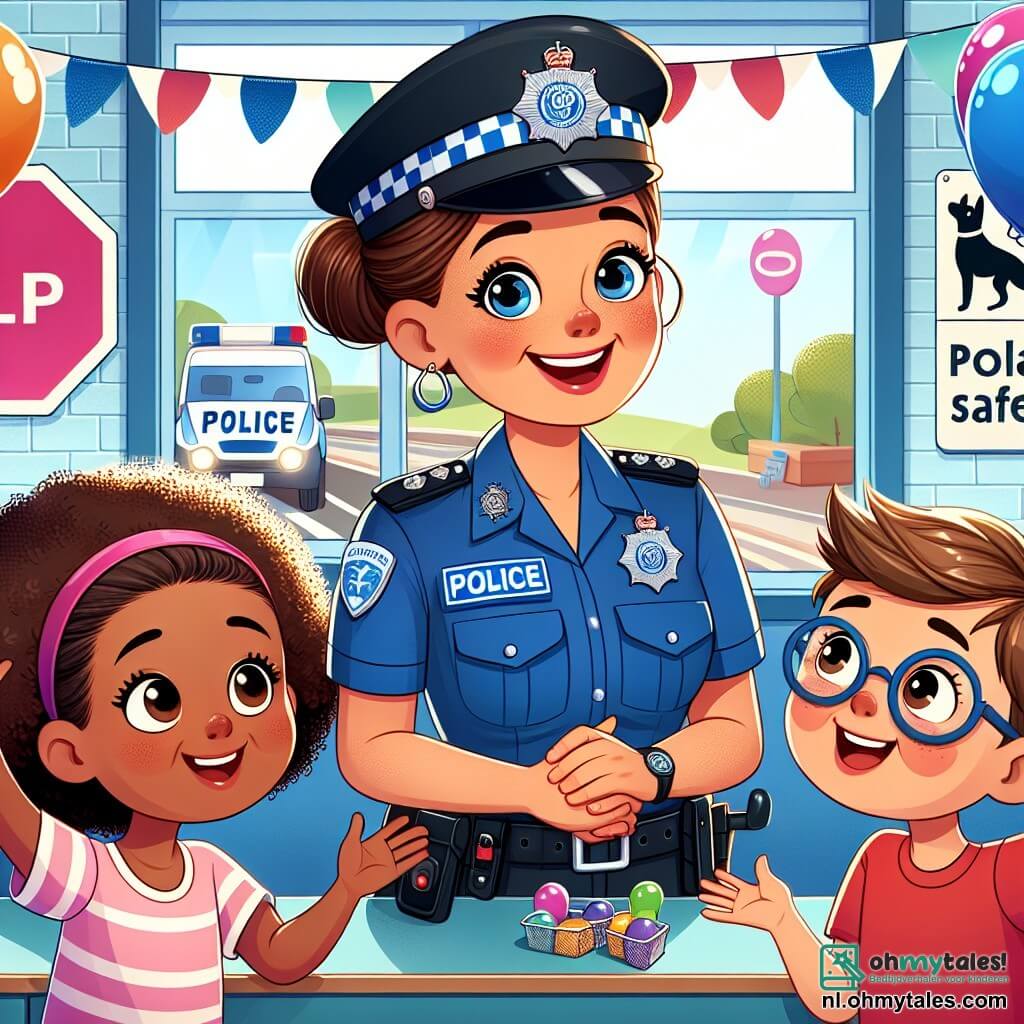 Une illustration sous forme de dessin destinée aux enfants représentant un bureau de police coloré et accueillant, avec une femme policière souriante aux cheveux bruns attachés en chignon, portant un uniforme bleu et expliquant avec enthousiasme aux enfants, dont une fille aux yeux pétillants et aux cheveux bouclés, qui l'écoute attentivement, tandis qu'un garçon aux lunettes et à un t-shirt rouge lève la main pour poser une question sur les chiens policiers, le tout dans une ambiance joyeuse et éducative, entouré de ballons et de panneaux de sécurité routière.