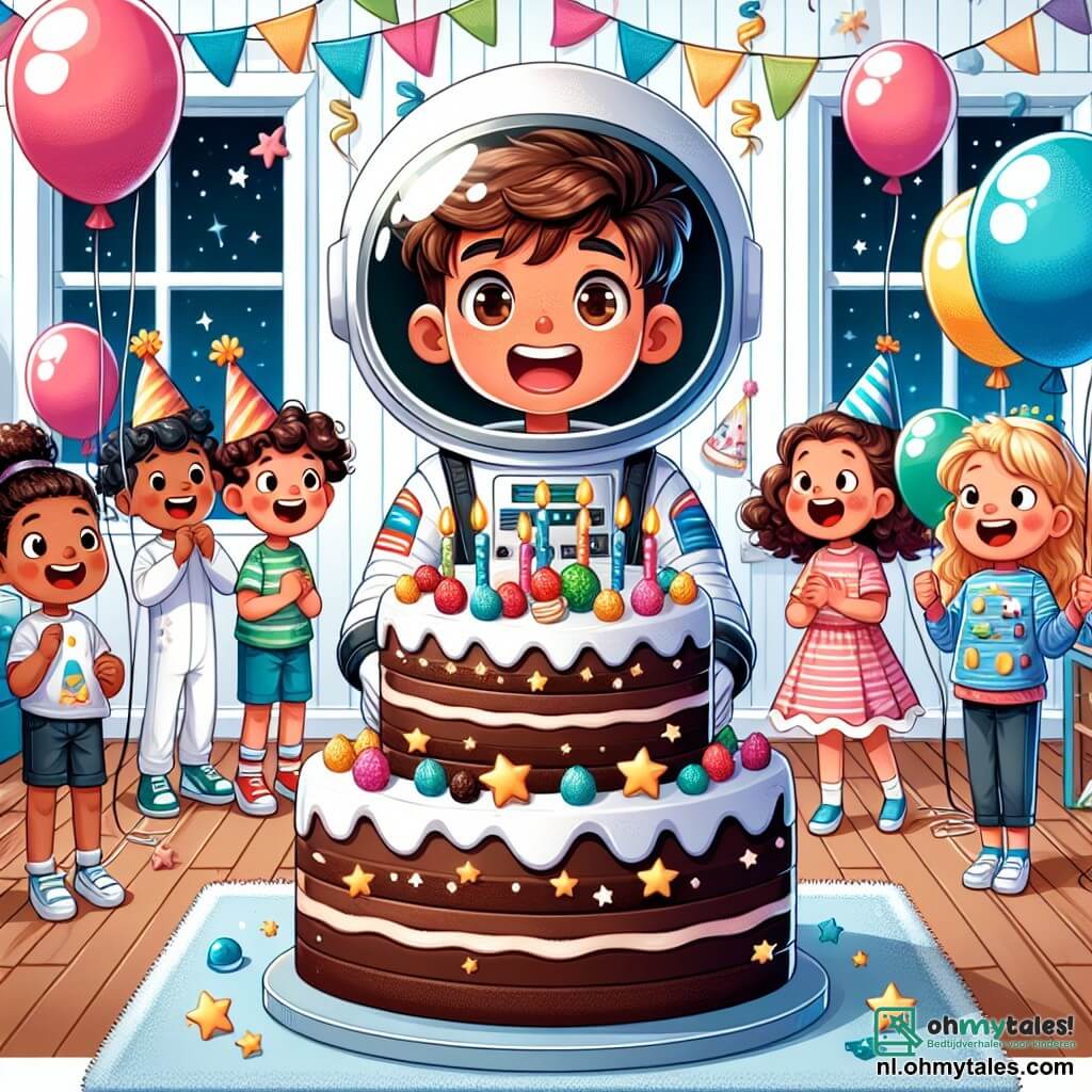 Une illustration sous forme de dessin destinée aux enfants représentant une chambre colorée décorée de ballons et d'étoiles en papier, où un garçon de 11 ans aux cheveux bruns et aux yeux pétillants, vêtu d'un costume d'astronaute fait maison, se tient joyeusement devant une grande gâteau d'anniversaire en chocolat, tandis que sa petite sœur de 5 ans, aux cheveux blonds et aux yeux curieux, l'aide à souffler les bougies, entourés de leurs amis déguisés en aliens et astronautes, tous riant et s'amusant ensemble lors d'une fête d'anniversaire mémorable.