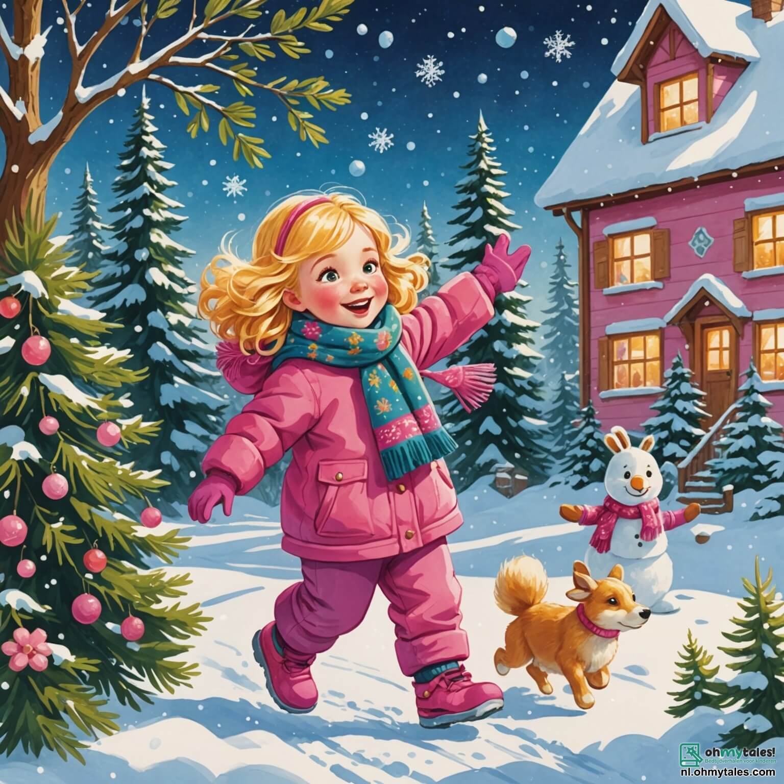 Une illustration destinée aux enfants représentant une petite fille aux cheveux dorés, vêtue d'une épaisse combinaison rose et d'une écharpe en laine colorée, sautillant de joie dans un jardin enchanteur où la neige scintille comme des diamants sous le soleil d'hiver, entourée de flocons dansants et de sapins majestueux aux branches chargées de neige, tandis qu'un garçon aux joues rouges et aux yeux pétillants, son voisin, l'accompagne dans des aventures joyeuses de construction de bonhommes de neige et de batailles de boules de neige, le tout se déroulant dans un paysage féérique où les rires résonnent et où l'air frais embaume de promesses d'amitié et de magie hivernale.