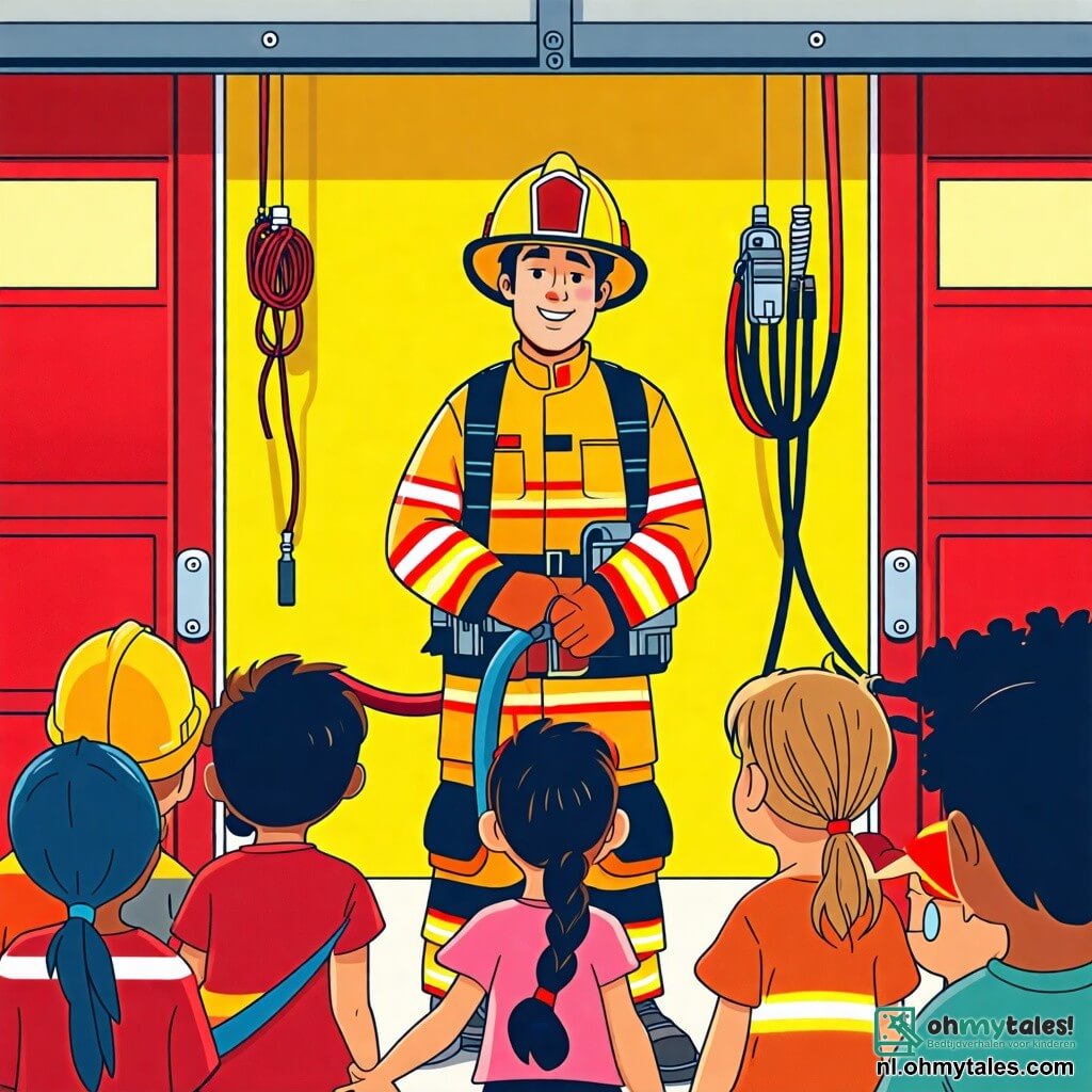 Illustratie van een dynamische scène binnen een brandweerkazerne. De ruimte is gevuld met grote rode deuren, felgele muren en diverse brandbestrijdingsuitrusting, zoals slangen en helmen die hangen. In het midden staat een man van een jaar of twintig, met rommelig bruin haar en een enthousiaste glimlach, in een gloednieuw brandweermansuniform. Hij houdt een grote brandslang vast, klaar om deze aan de kinderen te demonstreren. Om hem heen staat een groep van zes kinderen, ongeveer 8 tot 10 jaar oud, met grote ogen te kijken. Onder hen steekt een meisje met gevlochten blond haar, gekleed in een roze t-shirt, haar hand op om een vraag te stellen, terwijl een jongen met ronde brillen en een rode pet de slang bewonderend aankijkt. De hoofdscène toont de man die uitlegt hoe de brandslang te gebruiken, omringd door gefascineerde kinderen, allemaal glimlachend en opgewonden over deze unieke ervaring. Op de achtergrond is een groot raam te zien dat zonlicht binnenlaat, de scène verlichtend en een warme, uitnodigende sfeer creërend. Extra details omvatten een schoolbord met brandveiligheidsschema's en een grote klok aan de muur die aangeeft dat het tijd is om te leren.