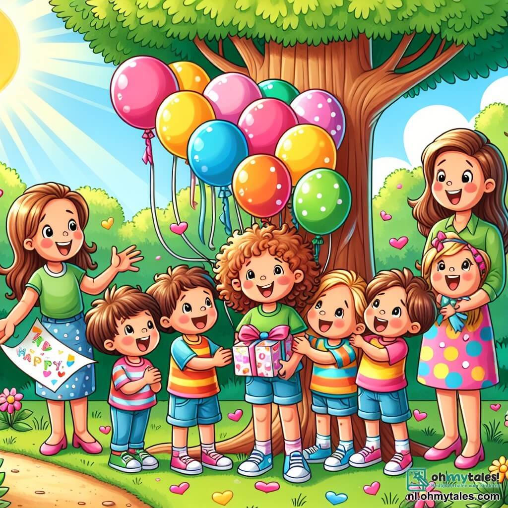 Une illustration sous forme de dessin destinée aux enfants représentant un groupe d'enfants de 5 ans, joyeux et colorés, avec des cheveux bouclés et des t-shirts aux motifs vifs, rassemblés sous un grand arbre verdoyant dans un parc ensoleillé, en train de préparer une surprise pour la fête des mères, avec des ballons colorés flottant autour d'eux et des cartes faites main, tandis que des mamans, souriantes et surprises, s'approchent de la scène, créant une atmosphère de bonheur et d'amour.