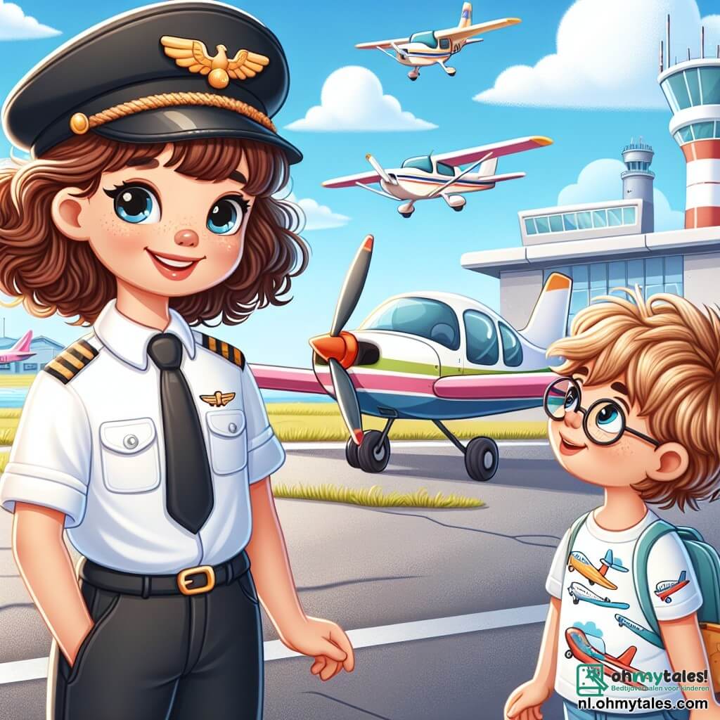 Une illustration sous forme de dessin destinée aux enfants représentant un aéroport ensoleillé avec des avions colorés garés sur le tarmac, une jeune femme aux cheveux bruns et bouclés, portant un uniforme de pilote avec une casquette, souriante et debout à côté d'un petit avion, tandis qu'un garçon aux lunettes et aux cheveux blonds, vêtu d'un t-shirt avec des avions, l'observe avec admiration, illustrant leur rêve commun de devenir pilotes et l'excitation de leur première leçon de vol.