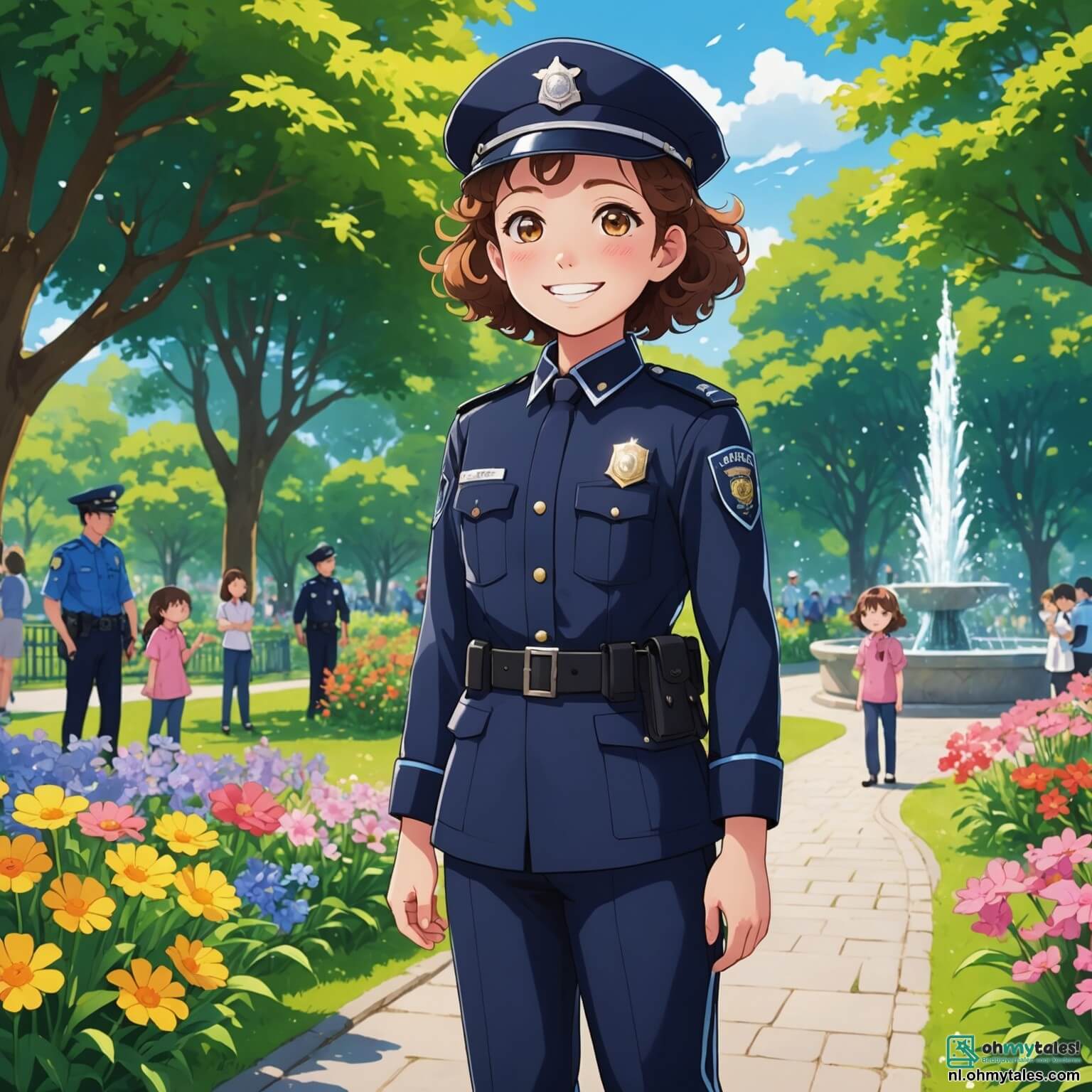 Une illustration destinée aux enfants représentant une courageuse policière au sourire chaleureux, vêtue de son uniforme bleu marine étincelant, se tenant fièrement dans un parc verdoyant où les fleurs colorées dansent sous la brise légère, entourée de rires d'enfants jouant près d'une fontaine scintillante, tandis qu'elle aide une petite fille aux yeux brillants et aux cheveux bouclés, qui se sentait triste et seule, à surmonter sa peur et à découvrir la magie de l'amitié et de la sécurité, tout en étant accompagnée par son collègue, un policier jovial à la moustache bien soignée, qui veille sur eux avec bienveillance.