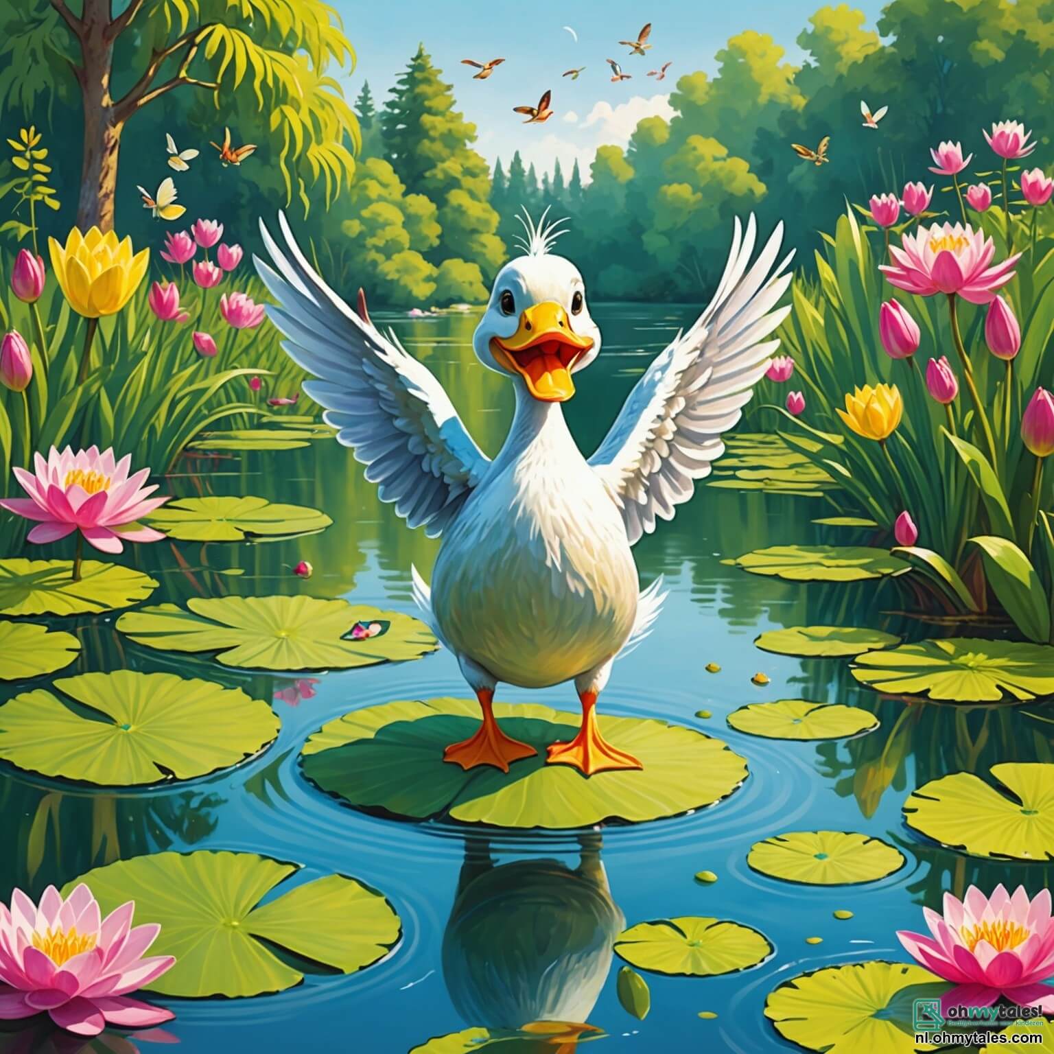 Une illustration destinée aux enfants représentant un canard joyeux aux plumes éclatantes de jaune et de vert, portant une petite casquette rouge, qui se prépare à plonger dans un grand lac scintillant, entouré de nénuphars roses et de libellules virevoltant dans l'air, tandis que ses amis, un lapin espiègle aux grandes oreilles et une tortue sage au carapace brillante, l'encouragent depuis le rivage en riant et en agitant leurs pattes, le tout sous un ciel bleu parsemé de nuages cotonneux et d'un soleil radieux qui illumine cette scène pleine de vie et d'amitié.