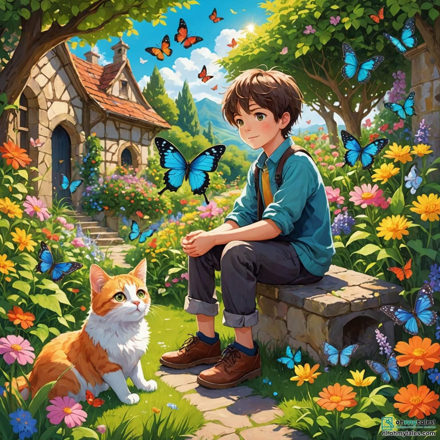 Une illustration destinée aux enfants représentant un garçon aux yeux pétillants d'imagination, assis dans une magnifique jardin aux fleurs éclatantes et parfumées, où des papillons colorés dansent autour de lui, plongé dans ses pensées alors qu'il rêve d'aventures extraordinaires à travers un monde enchanté, accompagné de sa fidèle chatte aux poils soyeux et aux yeux malicieux, dans un coin secret de ce jardin où les rayons du soleil filtrent à travers les feuilles des arbres, créant un tableau féerique de lumière et d'ombre, tandis qu'un vieux hibou sage, perché sur une branche, observe silencieusement le petit garçon, prêt à lui dévoiler les mystères de la vie et les leçons de bonheur.
