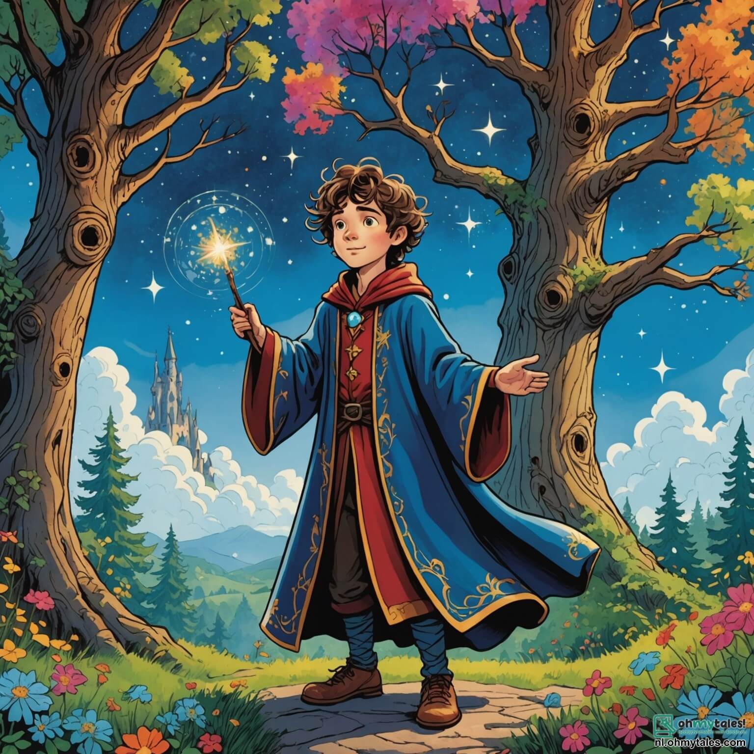 Une illustration destinée aux enfants représentant un jeune apprenti sorcier aux cheveux ébouriffés et à la grande robe étoilée, un garçon plein de curiosité et de détermination, se tenant au cœur d'une forêt enchantée où les arbres majestueux aux troncs noueux s'élèvent vers un ciel d'azur parsemé de nuages cotonneux, entouré de fleurs éclatantes aux couleurs vives qui dansent au gré du vent, tandis qu'à ses côtés se trouve une petite chatte espiègle, une compagne à la fourrure douce et aux yeux pétillants, alors qu'ils se lancent dans une quête palpitante pour découvrir la magie d'une mystérieuse formule qui pourrait faire sourire tous les habitants de leur village, tout en étant surveillés par un vieux sage à la longue barbe blanche, assis sur une branche, qui les observe avec un sourire bienveillant et des yeux pleins de sagesse.