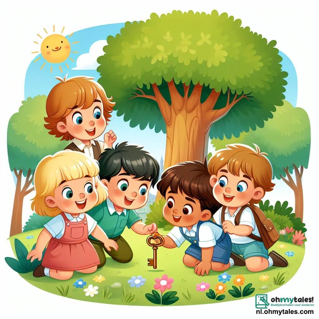 Une illustration sous forme de dessin destinée aux enfants représentant un groupe de quatre enfants de trois ans, deux garçons aux cheveux blonds et une fille aux cheveux bruns, tous souriants et curieux, rassemblés autour d'un vieux chêne dans un parc ensoleillé, avec des feuilles vertes et des fleurs colorées autour d'eux, alors qu'ils découvrent une vieille clé brillante sur le sol, symbolisant leur aventure de petits enquêteurs cherchant à résoudre le mystère d'un trésor caché.
