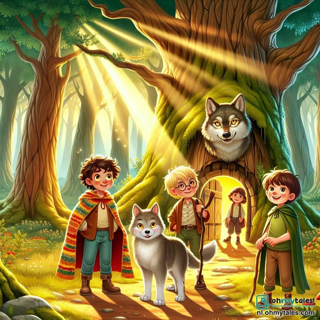 Illustratie die een scène in een betoverd bos weergeeft, met grote bomen met dikke stammen en bladeren in een stralend groen, die het zonlicht in gouden stralen filteren. In het midden staat een oud houten hut, bedekt met mos, in een met licht doordrenkte open plek. In deze scène staat een zesjarig jongen met bruin, krullend haar, gekleed in een cape van een gekleurde deken. Hij heeft een vastberaden blik en houdt een stok in zijn hand. Naast hem staat een andere zesjarige jongen met blond haar en sprankelende ogen, die enthousiast glimlacht, klaar om de uitdaging aan te gaan. Een derde jongen, iets kleiner, met een bril en kastanjebruin haar, kijkt aandachtig en geconcentreerd. Tot slot staat een jongen met een stok, die een moedig gezicht heeft, op een afstand, maar klaar om deel te nemen. Tegenover hen staat een grote wolf met glanzende ogen en grijze vacht, die staat te grijnzen. Hij lijkt zowel intimiderend als geïntrigeerd door de kinderen. De spanning is voelbaar terwijl ze zich voorbereiden om een raadsel op te lossen, wat hun moed en teamgeest symboliseert. Op de achtergrond vliegen kleurrijke vogels tussen de takken en wilde bloemen voegen kleur toe aan de scène, waardoor een magische en avontuurlijke sfeer ontstaat.