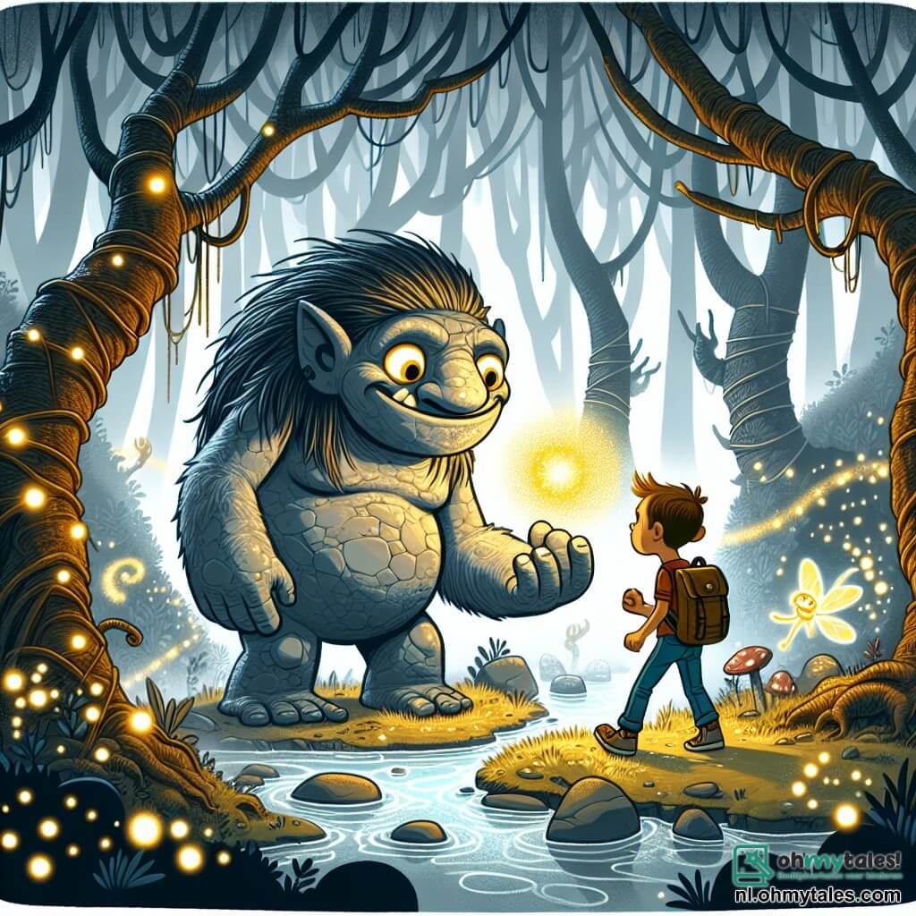Une illustration sous forme de dessin destinée aux enfants représentant un vaste et mystérieux moeras enveloppé de brume, avec des arbres aux troncs tordus et des ruisseaux scintillants, où un grand troll au teint pierreux et aux yeux brillants, avec un sourire amical, se tient aux côtés d'un jeune garçon aux cheveux ébouriffés, portant un sac à dos, tous deux observant une source magique illuminée par une douce lumière dorée, tandis qu'une danse de petites créatures luminescentes, comme des fées et des lucioles, virevolte autour d'eux, créant une atmosphère de mystère et d'aventure.