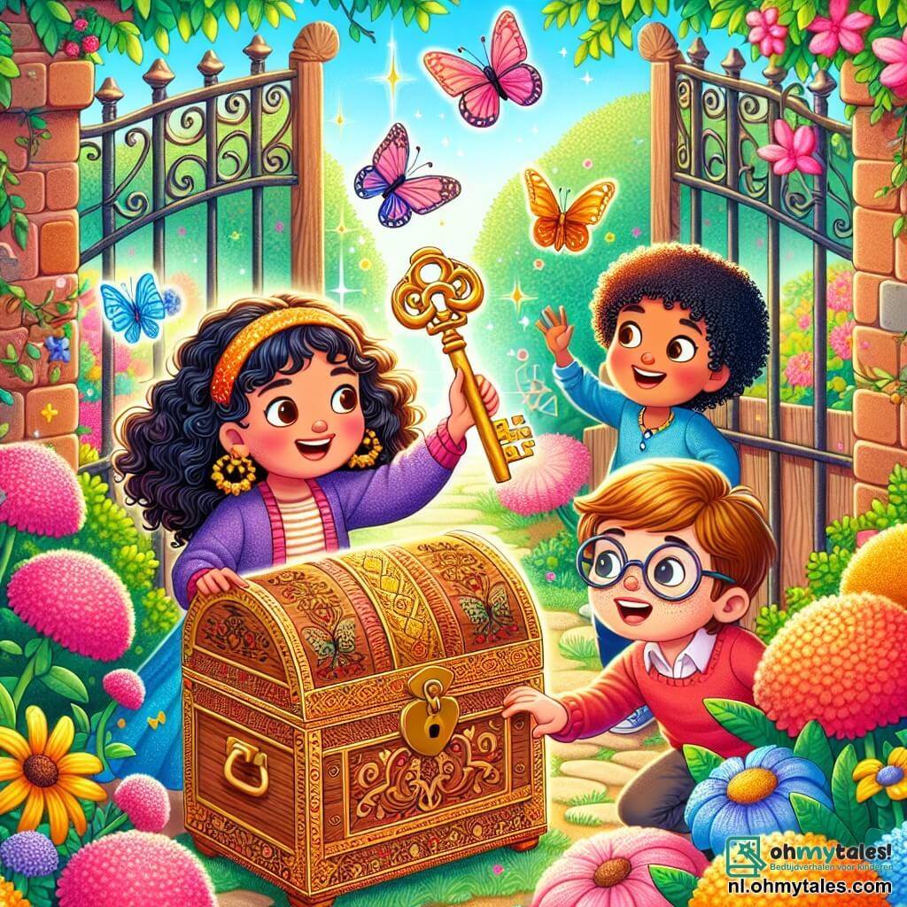 Une illustration sous forme de dessin destinée aux enfants représentant une magnifique et secrète jardin caché derrière un vieux portail en bois, où un groupe de trois enfants de 5 ans, deux filles aux cheveux bouclés et un garçon aux lunettes, sont en train de découvrir une vieille boîte au trésor en bois ornée de motifs colorés, entourés de fleurs éclatantes et de papillons virevoltant, tandis qu'une clé brillante est tenue dans la main de l'une des filles, symbolisant leur aventure d'enquêteurs en herbe.