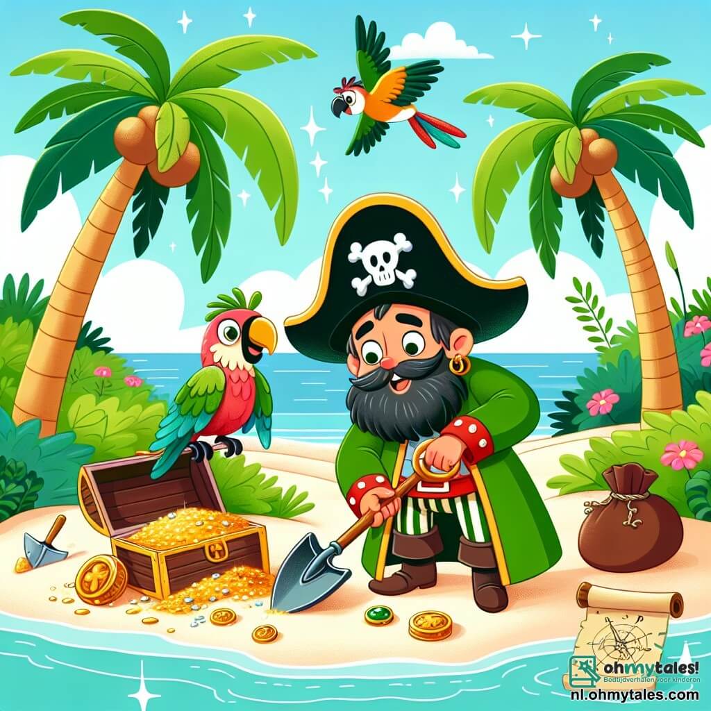 Une illustration sous forme de dessin destinée aux enfants représentant un magnifique îlot tropical avec des palmiers verdoyants et une plage de sable blanc, où un homme pirate au grand chapeau, portant une longue veste colorée et une barbe hirsute, est en train de creuser dans le sol avec une pelle en bois, tandis qu'une petite papegaie aux plumes vertes et jaunes vole au-dessus de lui en criant joyeusement, le tout entouré de trésors scintillants et d'une carte au trésor éparpillée sur le sable, illustrant l'excitation de la découverte d'une cachette de trésor.