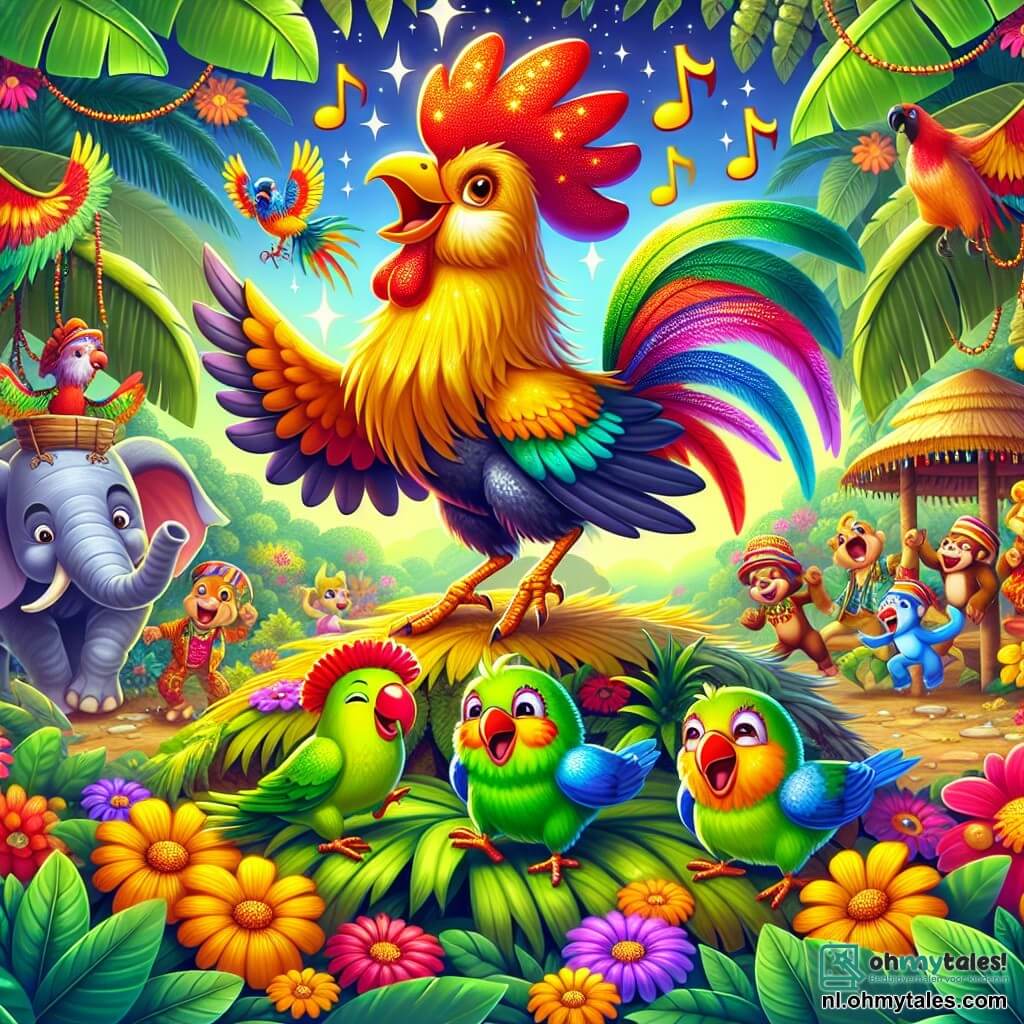 Illustratie van een vrolijke scène in een kleurrijke jungle, waar grote groene bladeren en stralende bloemen in alle kleuren een magische sfeer creëren. In het midden staat een flamboyante haan met glanzende gouden veren, sprankelende pluimen en een feloranje snavel, die enthousiast danst op een stapel bladeren, met zijn poten omhoog en een blije uitdrukking op zijn gezicht. Naast hem springen en zingen twee vrolijke kleine parkieten met multicolore veren, één groen en de ander blauw, met fonkelende ogen van blijdschap. Op de achtergrond verzamelt een groep jungle dieren, zoals olifanten met kleurrijke hoeden en lachende apen, zich om de dans van de haan te bewonderen. De sfeer is feestelijk, met muzieknoten die door de lucht zweven en lachsalvo's die weerklinken, wat een levendige en vriendschappelijke scène creëert.
