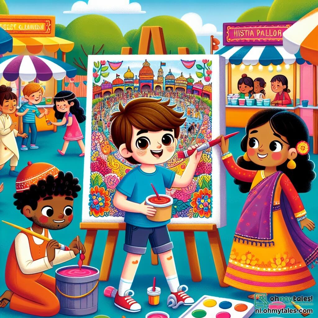 Une illustration sous forme de dessin destinée aux enfants représentant un parc vibrant et coloré, rempli de stands de nourriture du monde entier, où un garçon de 9 ans aux cheveux bruns et aux yeux pétillants, vêtu d'un t-shirt bleu et d'un short, peint joyeusement une grande murale avec des amis, dont une fille aux cheveux noirs et bouclés, portant une robe traditionnelle indienne, qui ajoute des motifs floraux, tandis qu'un garçon d'origine latino-américaine, avec une casquette rouge, tient un pinceau et sourit, tous unis dans la célébration de la diversité culturelle à travers l'art.