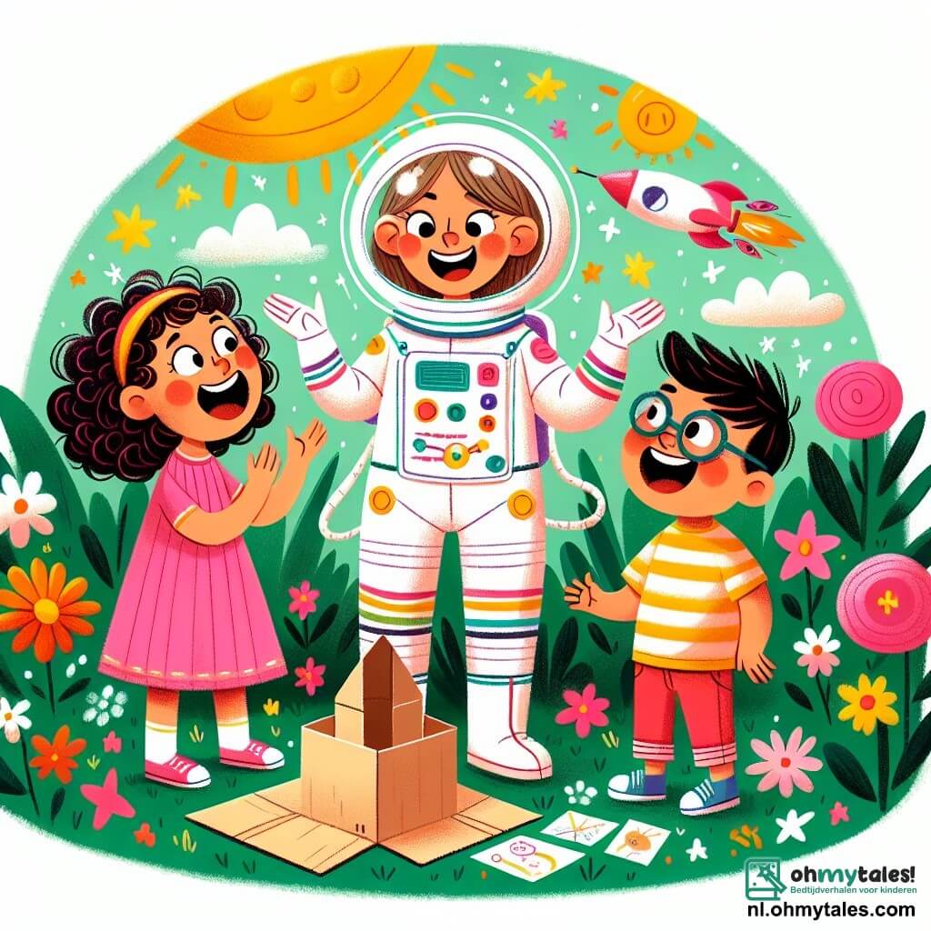 Une illustration sous forme de dessin destinée aux enfants représentant un jardin ensoleillé avec des fleurs colorées, où une femme astronaute en combinaison spatiale blanche ornée de rayures vives, souriante et pleine d'énergie, explique à deux enfants, une fille aux cheveux bouclés et un garçon aux lunettes, comment construire une fusée en carton, tandis qu'ils rient et s'amusent ensemble, entourés de dessins d'étoiles et de planètes flottant autour d'eux.