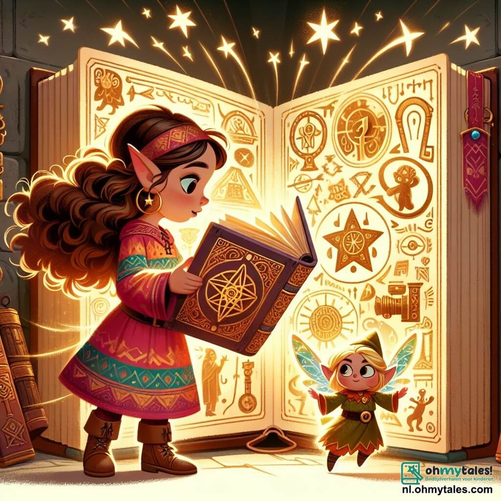 Une illustration sous forme de dessin destinée aux enfants représentant une bibliothèque magique aux murs ornés de symboles scintillants, où une fille de 11 ans aux cheveux bouclés et bruns, vêtue d'une tunique colorée, feuillette un ancien livre mystérieux, tandis qu'à ses côtés, un petit elfe aux ailes étincelantes observe avec curiosité, alors qu'une lumière dorée émane du livre, révélant des images de machines fantastiques et d'aventures épiques, symbolisant la découverte d'un monde où la magie et la technologie se rencontrent.