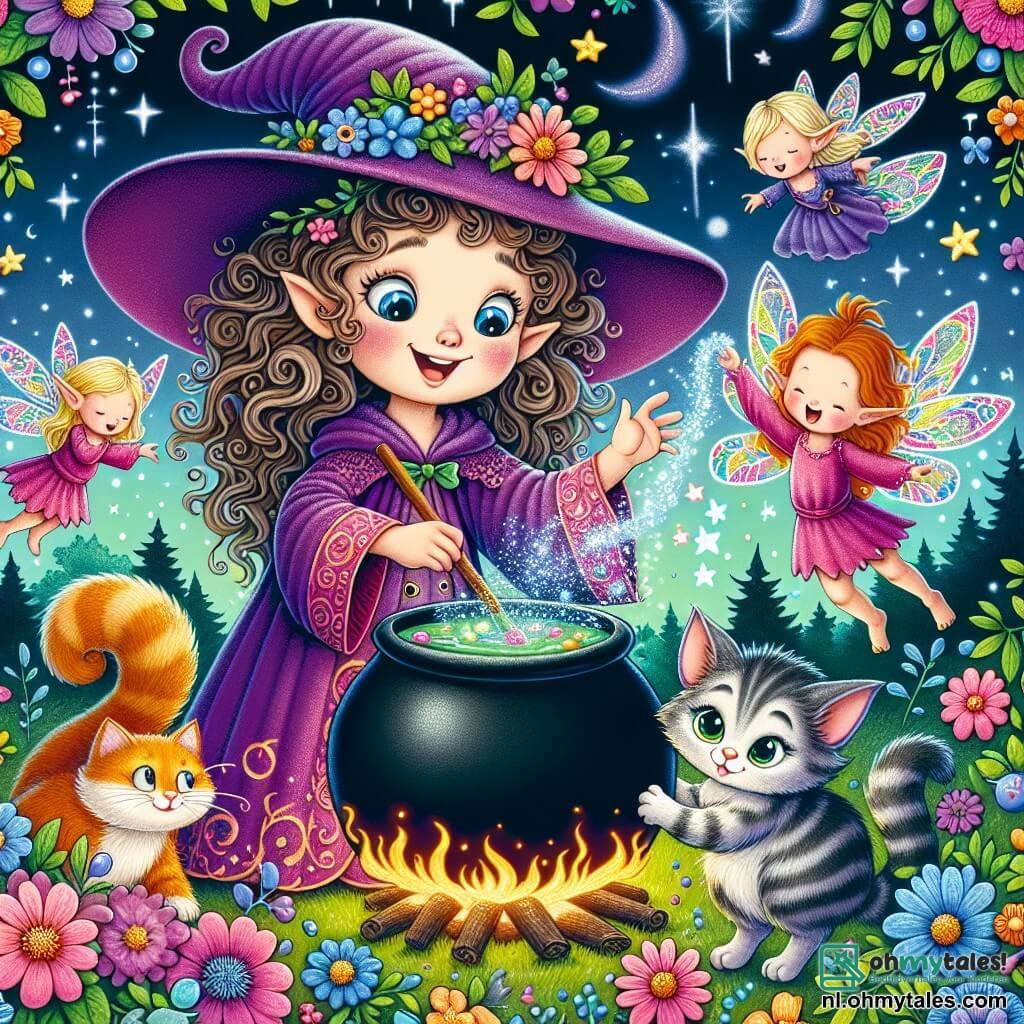 Une illustration sous forme de dessin destinée aux enfants représentant une scène colorée dans un jardin enchanté, où une jeune apprentie sorcière aux cheveux bouclés et à la grande robe violette, en train de mélanger des ingrédients magiques dans un chaudron pétillant, est entourée de son fidèle chat espiègle à la fourrure douce et aux yeux pétillants, tandis que des elfes aux ailes scintillantes dansent joyeusement autour d'eux, créant une atmosphère de magie et de rires, avec des fleurs colorées et des étoiles scintillantes dans le ciel.