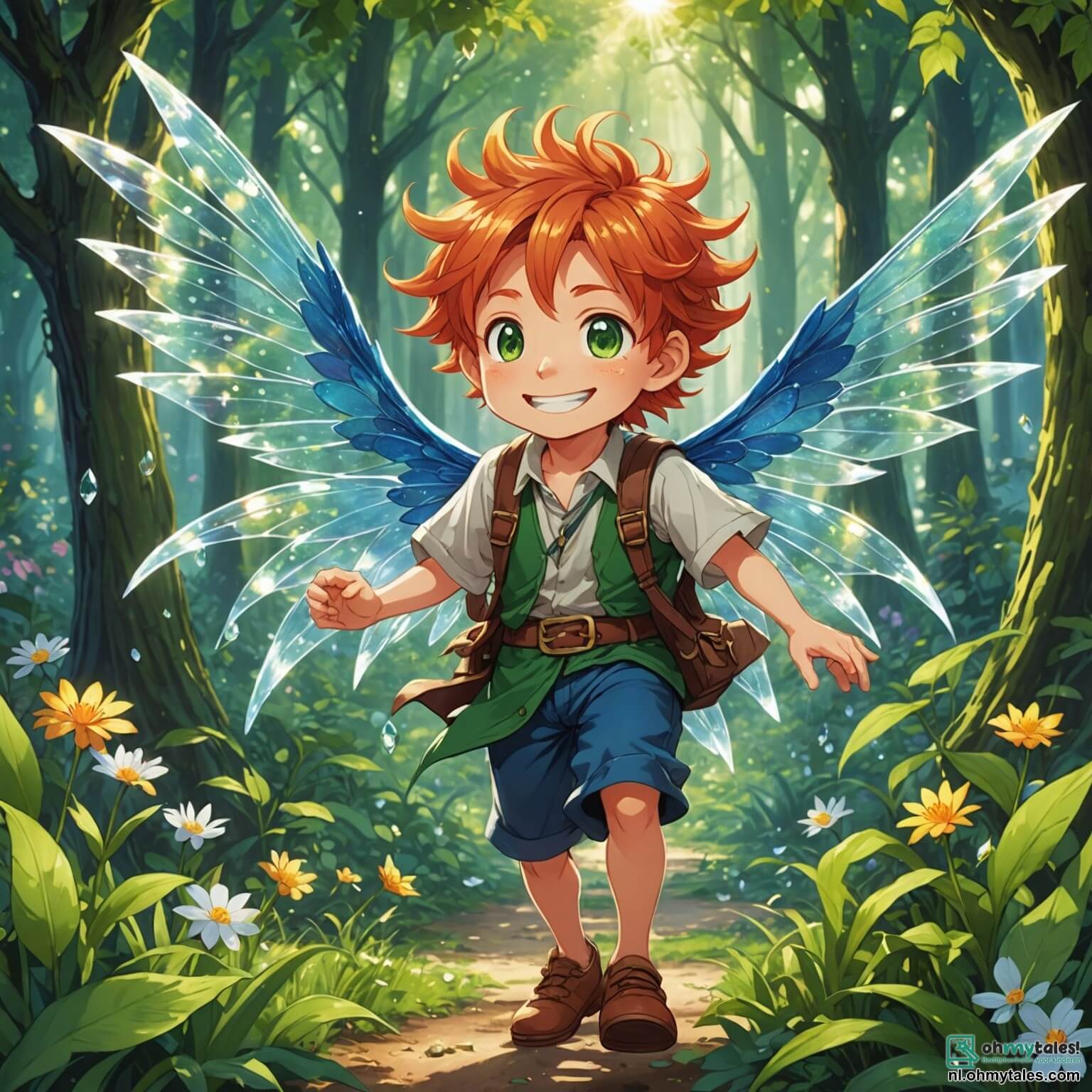 Une illustration destinée aux enfants représentant un lutin espiègle aux ailes scintillantes comme des gouttes de rosée, avec une chevelure flamboyante et un sourire malicieux, se trouvant dans une clairière enchantée où les fleurs dansent au rythme du vent et les rayons du soleil filtrent à travers les feuilles des arbres majestueux, tandis qu'il cherche désespérément son précieux cristal volé par un dragon farceur, accompagné de son amie, une petite fée lumineuse aux ailes délicates et aux yeux pétillants, qui vole autour de lui en lançant des éclats de lumière, créant une atmosphère magique et pleine d'aventures dans ce coin de forêt où chaque bruit semble murmurer des secrets oubliés.