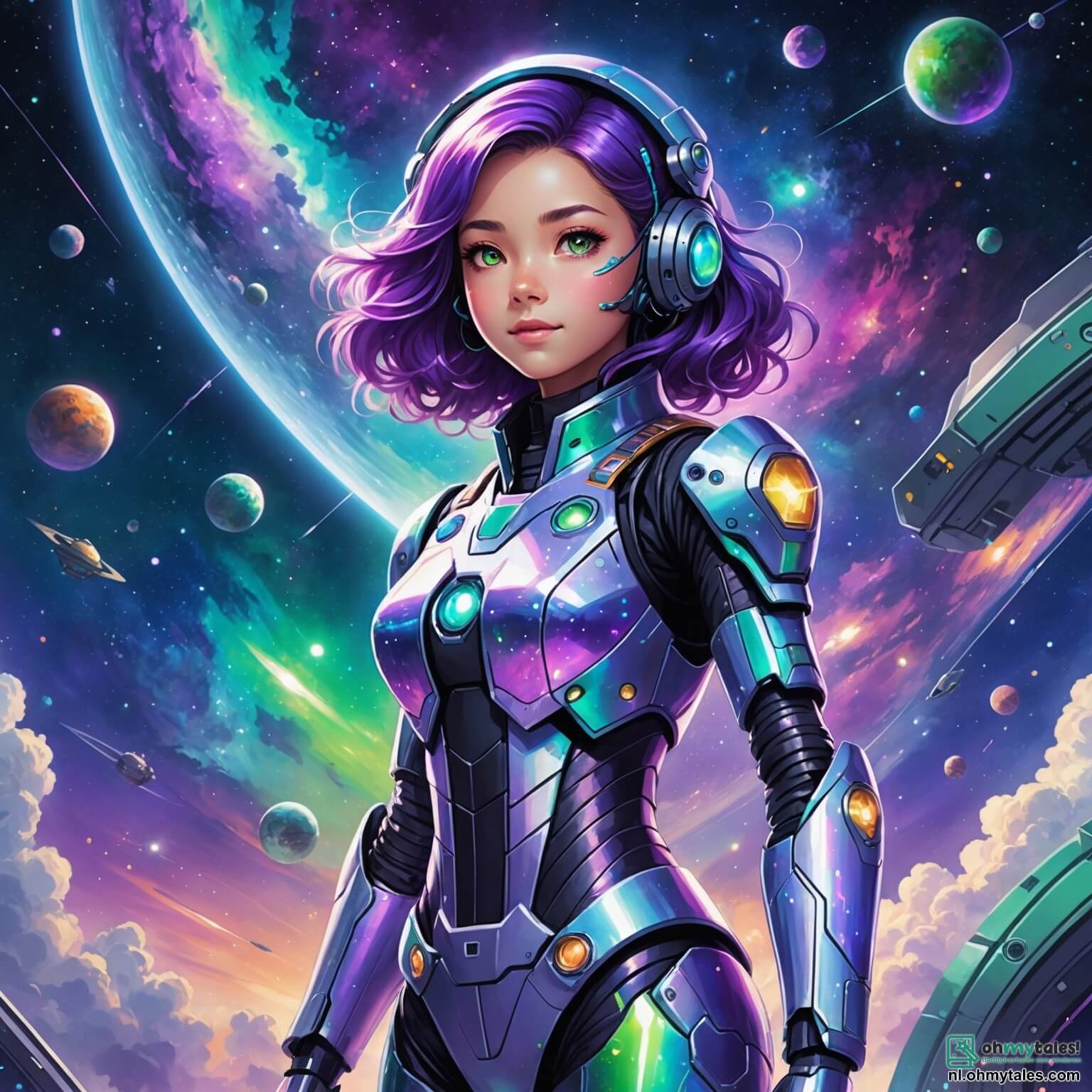 Une illustration destinée aux enfants représentant une jeune femme aux cheveux brillants comme des étoiles, vêtue d'une combinaison spatiale scintillante, se tenant courageusement à bord d'un vaisseau spatial aux parois de verre transparentes, naviguant à travers une nébuleuse colorée où des nuages de poussière cosmique dansent dans des teintes de violet, de bleu et de vert, tandis qu'à ses côtés, un robot au design futuriste, avec des yeux lumineux et un sourire amical, l'encourage dans sa quête pour découvrir les mystères de l'univers, alors qu'ils explorent ensemble les merveilles d'une galaxie lointaine, remplie de planètes étranges et de créatures fascinantes, où chaque étoile scintillante semble raconter une histoire oubliée.