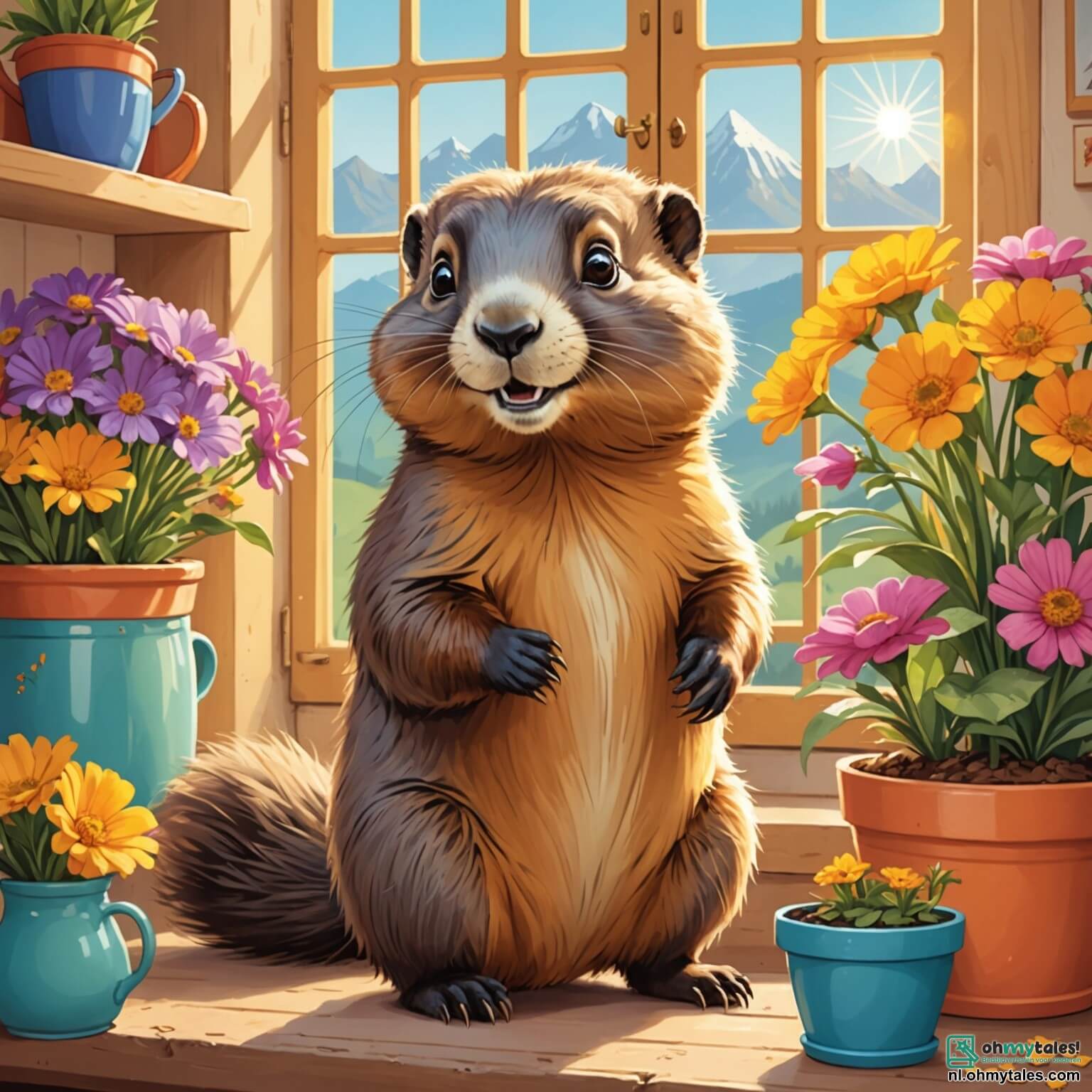 Une illustration destinée aux enfants représentant une adorable marmotte au pelage doux et soyeux, avec de grands yeux pétillants de malice, qui se trouve dans une cuisine ensoleillée, remplie de couleurs vives et de senteurs délicieuses, où elle s'affaire joyeusement avec son ami le petit lapin aux oreilles dressées, entourée de pots de fleurs aux teintes éclatantes et d'une grande fenêtre laissant entrer la lumière dorée du matin, alors qu'ils préparent ensemble une fête d'anniversaire pleine de rires et de surprises pour leurs amis du jardin.