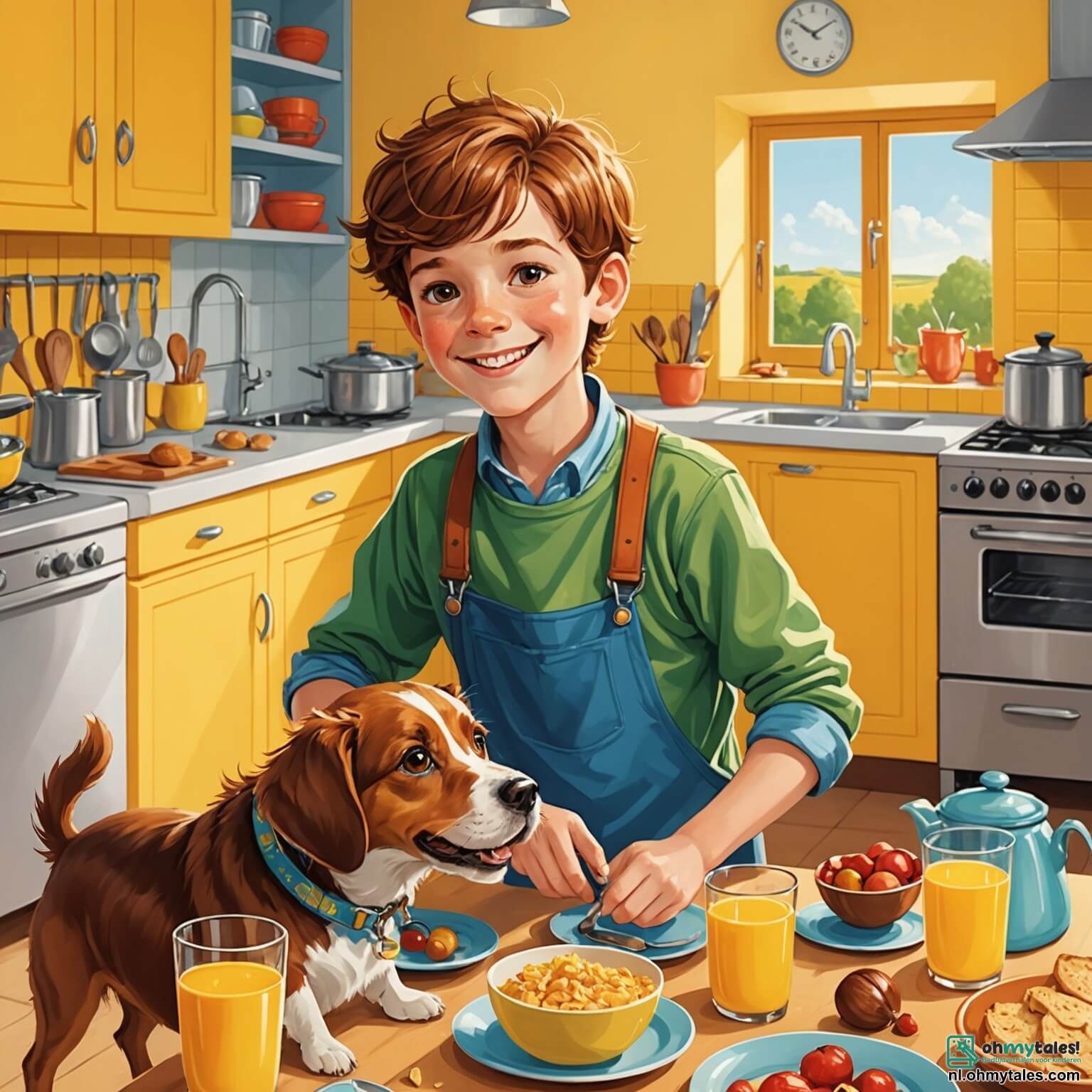 Une illustration destinée aux enfants représentant un garçon aux cheveux châtains et aux yeux pétillants, débordant d'énergie et de créativité, qui se trouve dans une cuisine ensoleillée aux murs jaunes ornés de dessins colorés, où il s'efforce de préparer un petit-déjeuner spécial pour son papa, un homme au sourire chaleureux et à la voix douce, tout en essayant de garder son fidèle chien, un compagnon à quatre pattes à la fourrure brune et aux grandes oreilles, loin des ingrédients éparpillés sur le sol, créant ainsi une scène pleine de joie, de rires et de petites mésaventures.
