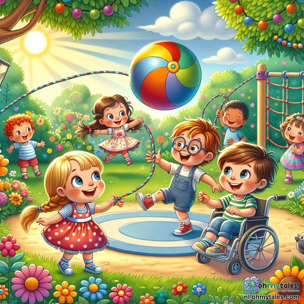 Illustratie van een speelplein met een zonnige, kleurrijke omgeving. In het midden speelt een groep kinderen met een grote, kleurrijke bal, omringd door kleurrijke bloemen en groene bomen. Een jongen van ongeveer 8 jaar, met bruin haar en een bril, glimlacht terwijl hij de bal gooit. Naast hem probeert een meisje van ongeveer 7 jaar, met vlechten en een stippenjurk, de bal te vangen. Een andere jongen van ongeveer 9 jaar zit in een mooie rolstoel, met krullend haar en een gestreept t-shirt, en steekt zijn hand op om de bal te raken die door de lucht vliegt. De scène toont vriendschap en inclusie, met kinderen die elkaar helpen en samen plezier hebben, wat de vreugde van het spelen zonder barrières illustreert. Op de achtergrond vermaken andere kinderen zich met touwtjespringen en praten, wat een sfeer van blijdschap en kameraadschap creëert.