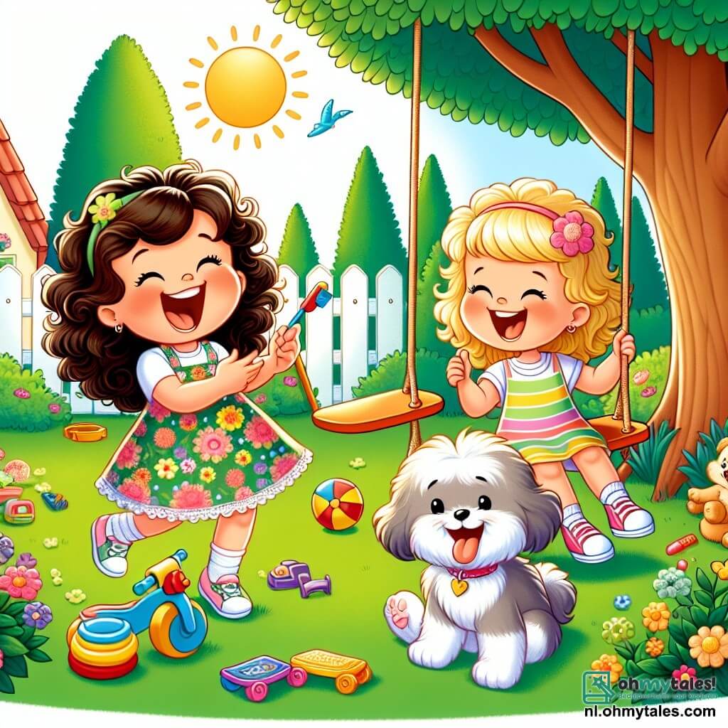 Une illustration sous forme de dessin destinée aux enfants représentant une charmante jardin ensoleillé avec une grande arbre et une balançoire colorée, où une petite fille de 5 ans aux cheveux bouclés et bruns, vêtue d'une robe à fleurs, rit aux éclats en jouant avec sa meilleure amie, une fille blonde avec une queue de cheval, tandis qu'un adorable chien aux poils duveteux les observe joyeusement, le tout illustrant leur quête amusante pour trouver une "trésor" caché dans le jardin, entouré de jouets éparpillés et de fleurs éclatantes.