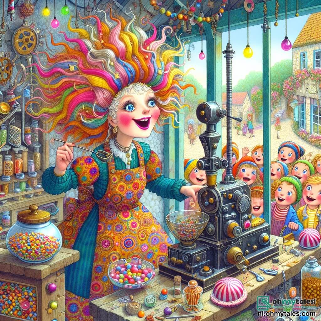 Une illustration destinée aux enfants représentant une femme excentrique aux cheveux en désordre, éclatants de couleurs vives, vêtue d'une grande blouse à motifs éclatants, se tenant dans son atelier farfelu rempli de machines bizarres et de gadgets scintillants, où elle s'apprête à dévoiler sa dernière invention, une machine à bonbons bruyante qui fait rire les enfants, tandis qu'un groupe de jeunes garçons et filles aux yeux pétillants d'excitation se presse autour d'elle, dans un village pittoresque aux maisons colorées, aux jardins fleuris et aux chemins pavés, où le soleil brille et où l'air est empli de l'odeur sucrée des friandises.