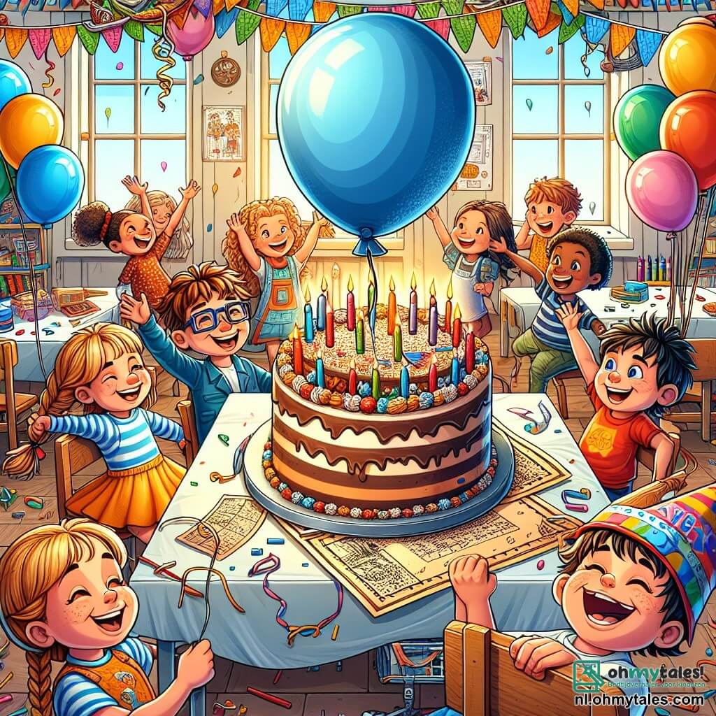 Illustratie die een vreugdevolle scène toont in een klaslokaal dat versierd is voor een verjaardag. De muren zijn versierd met kleurrijke slingers en zwevende ballonnen, terwijl een grote tafel in het midden bedekt is met een tafelkleed met felle patronen, waarop een prachtige verjaardagstaart met brandende kaarsen staat. Op de voorgrond staat een zevenjarig jongetje met bruin, krullend haar dat breed glimlacht terwijl hij een schatkaart vasthoudt. Naast hem lacht een zesjarig meisje met gevlochten blond haar en een bril terwijl ze probeert een grote blauwe ballon te laten zweven die uit haar handen ontsnapt. Een andere zevenjarige jongen met zwart haar en een achterstevoren pet springt van blijdschap met zijn armen omhoog in een overwinningsteek. De hoofdscène toont de kinderen in volle opwinding, een verjaardag vierend met lachen en enthousiasme, terwijl een groep andere kinderen, waaronder een zesjarig meisje in een rolstoel, applaudisseert en hun vrienden aanmoedigt. Kleurrijke confetti zweeft door de lucht en voegt een feestelijke sfeer toe aan de atmosfeer.