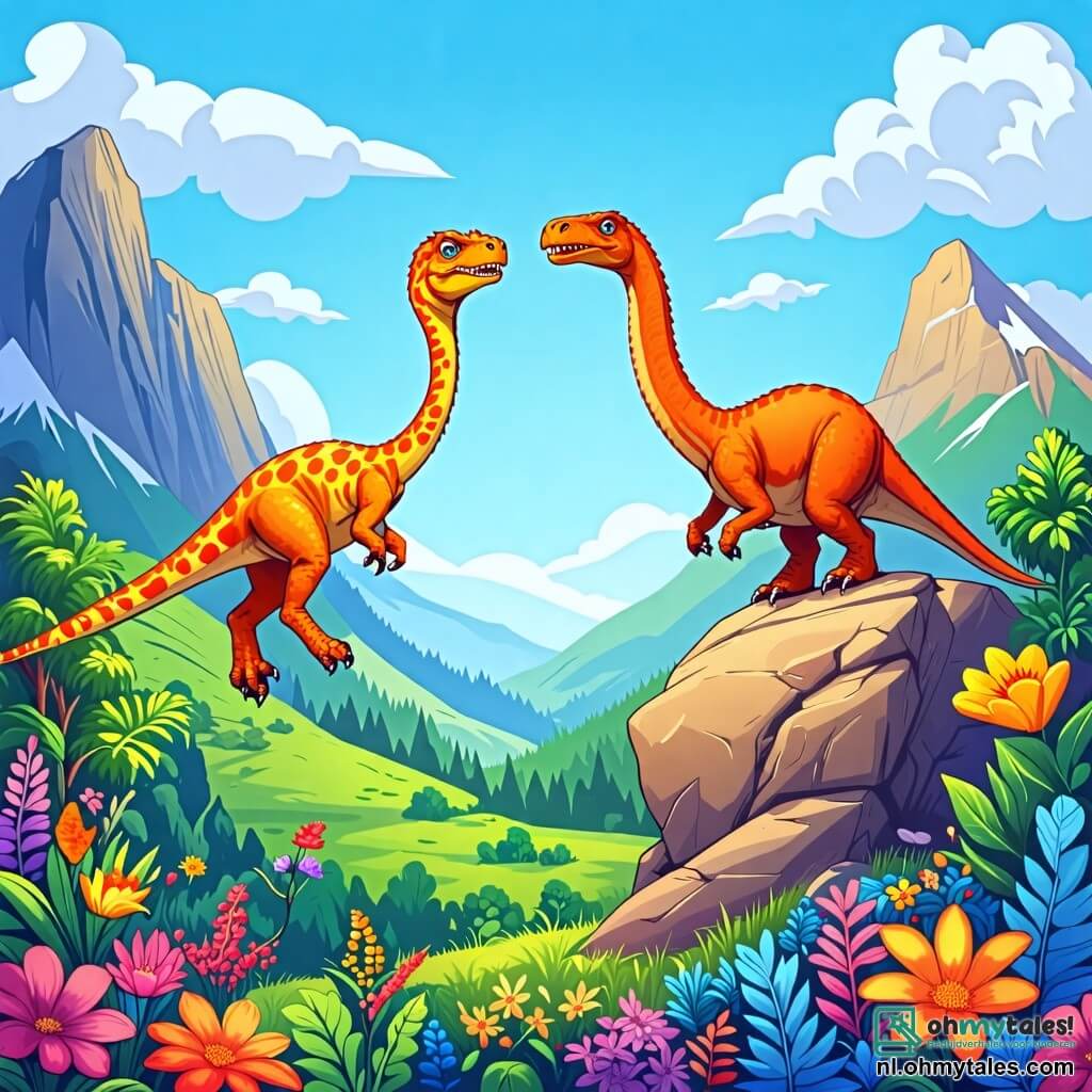 Une illustration sous forme de dessin destinée aux enfants représentant une vaste vallée verdoyante sous un ciel bleu éclatant, avec un vélociraptor aux plumes colorées, aux yeux pétillants de curiosité, sautant joyeusement sur un rocher, tandis qu'un grand brontosaurus au cou long et gracieux se tient à ses côtés, regardant avec bienveillance, alors qu'ils contemplent ensemble la majestueuse montagne à gravir, entourés de fleurs éclatantes et d'arbres luxuriants, symbolisant l'amitié et l'aventure.