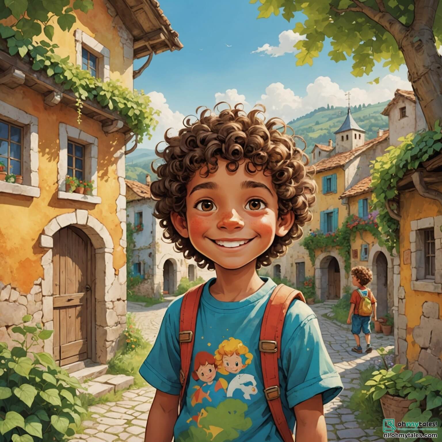 Une illustration destinée aux enfants représentant un petit garçon aux cheveux bouclés et au sourire éclatant, vêtu de vêtements usés mais colorés, se tenant dans un village pittoresque aux maisons aux façades décolorées et aux toits en pente, où la lumière du soleil filtre à travers les branches des arbres verdoyants, tandis qu'il rêve d'aventures et de douceurs qu'il ne peut s'offrir, entouré de son meilleur ami, un garçon aux yeux pétillants et à la peau bronzée, qui partage avec lui des rires et des jeux dans la poussière du chemin, tout en luttant contre la réalité de leur pauvreté qui les empêche de goûter aux plaisirs simples de la vie, comme un délicieux cornet de glace qu'ils aperçoivent à travers la vitrine d'une confiserie colorée, où les bonbons scintillent comme des étoiles dans la nuit.
