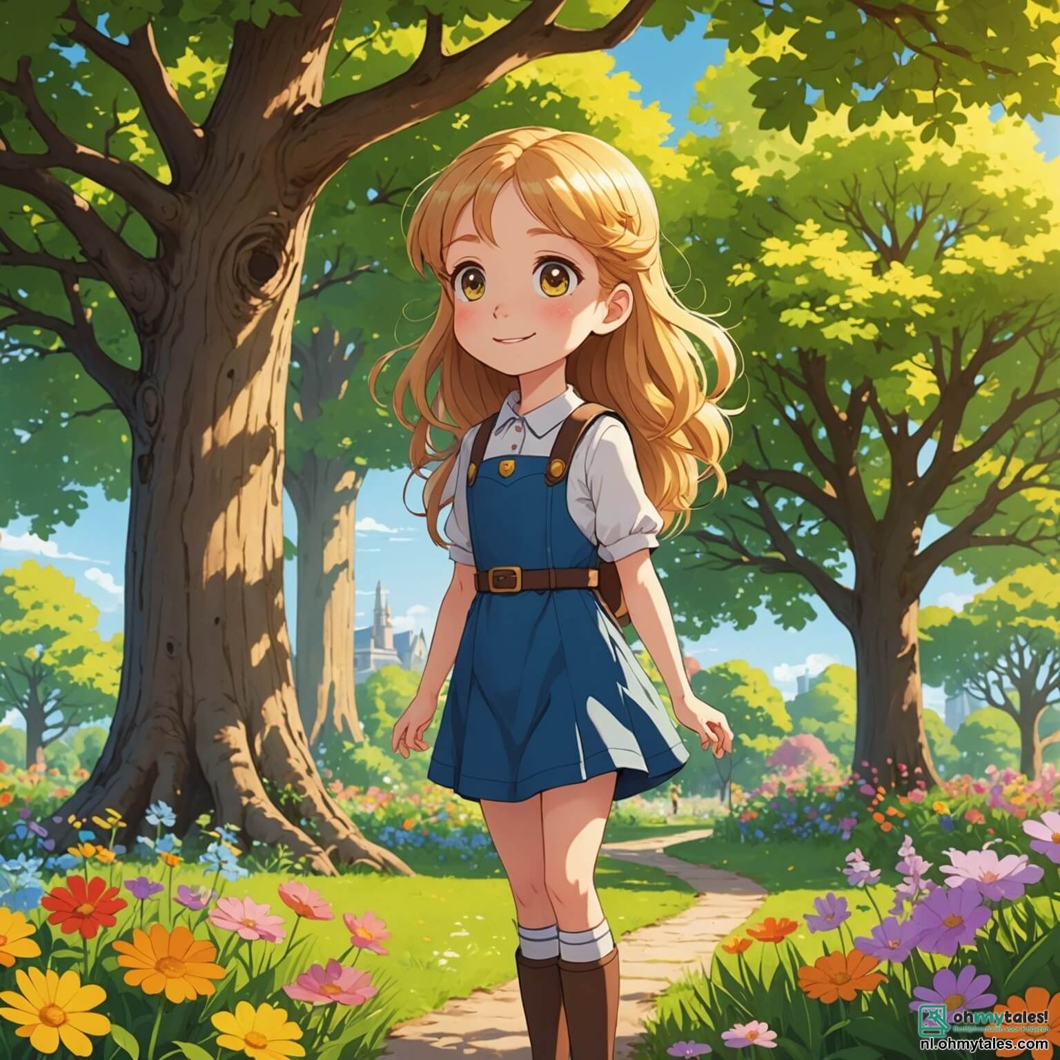 Une illustration destinée aux enfants représentant une petite fille aux cheveux dorés et aux yeux pétillants, pleine de curiosité et de joie, se tenant dans un parc ensoleillé, entourée de fleurs colorées et d'arbres majestueux, où elle rencontre une nouvelle amie, une autre fille au long cheveux bruns, timide mais souriante, alors qu'elles s'apprêtent à construire ensemble une magnifique cabane secrète sous un grand chêne, symbole de leur nouvelle amitié qui va grandir au fil des jours.