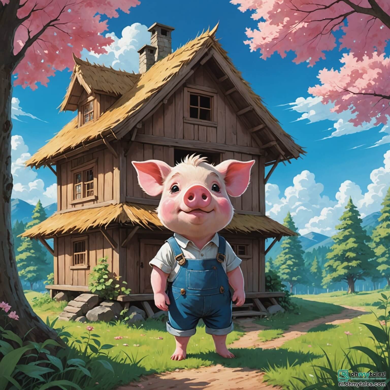 Une illustration destinée aux enfants représentant un petit cochon au pelage rose et soyeux, avec des yeux pétillants de curiosité, se tenant courageusement devant une maison en paille frémissante sous le souffle d'un loup aux crocs acérés, tandis que des nuages cotonneux dans un ciel bleu azur flottent au-dessus d'une forêt verdoyante où se cachent des arbres majestueux aux feuilles scintillantes, et où se trouvent également ses deux frères, un cochon robuste au pelage brun et un autre au pelage noir, tous deux prêts à l'aider dans leur quête pour construire des maisons solides et échapper aux dangers de la forêt enchantée.