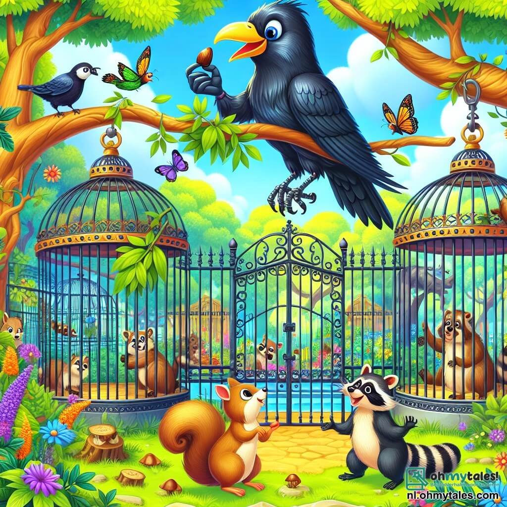 Illustratie van een levendige scène in een kleurrijke dierentuin, waar grote ijzeren hekken omheining met weelderig groen omringen. In het midden zit een kraai met glanzend zwart verend, met ondeugende sprankelende ogen, op een tak van een grote boom, met een kleine noot in zijn snavel, klaar om deze te delen met zijn vrienden. Beneden kijkt een eekhoorn met roestkleurige vacht en een pluizige staart, met een expressief en nieuwsgierig gezicht, ongeduldig naar de kraai, terwijl een groep ondeugende wasberen dichterbij komt, gefascineerd door de scène. De sfeer is vrolijk en vol leven, met heldere kleuren en leuke details, zoals schitterende bloemen en fladderende vlinders, wat een magische sfeer van vriendschap en avontuur creëert.
