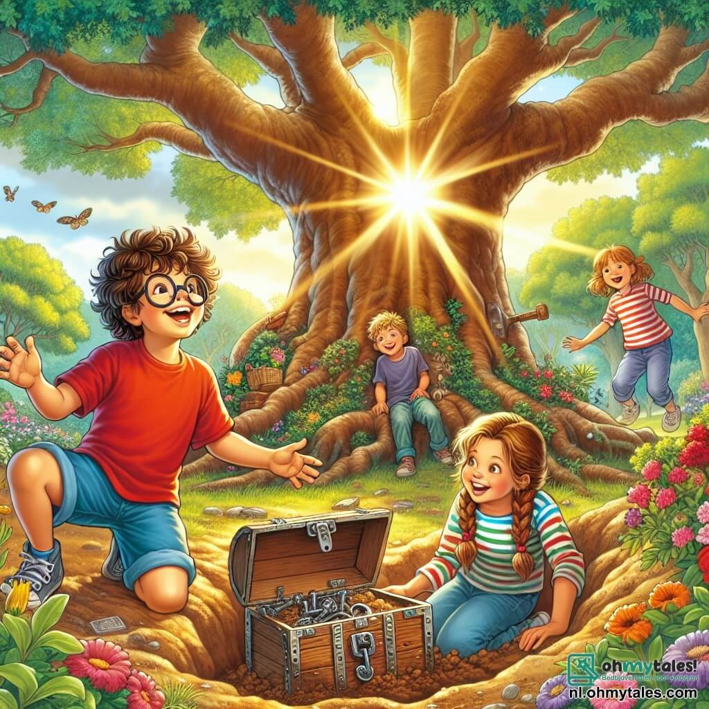 Illustratie van een levendige scène in een zonnig park, vol weelderig groen en kleurrijke bloemen. In het midden staat een grote majestueuze eik met uitgestrekte takken die schaduw bieden. Kinderen spelen eromheen, lachen en hebben plezier. Voorgrond toont een 9-jarig jongetje met krullend haar en een grote bril, dat enthousiast in de grond graaft. Hij draagt een felrode t-shirt en een blauwe shorts, en zijn gezicht straalt van opwinding bij de ontdekking. Naast hem kijken twee vrienden toe: een 9-jarig meisje met lange gevlochten bruine haren en een ondeugende glimlach, die een schatkaart in haar handen houdt. Naast haar kijkt een 8-jarig jongetje met rommelig blond haar en een gestreept t-shirt nieuwsgierig om zich heen, klaar om te helpen. Het belangrijkste moment toont het jongetje dat een oude houten doos ontdekt, begraven onder de wortels van de boom, symbool voor hun zoektocht naar verborgen schatten. Extra grafische elementen zijn verspreide speelgoedjes, kleurrijke ballonnen die in de lucht zweven en zonnestralen die door de bladeren filteren, wat een vrolijke en avontuurlijke sfeer creëert.
