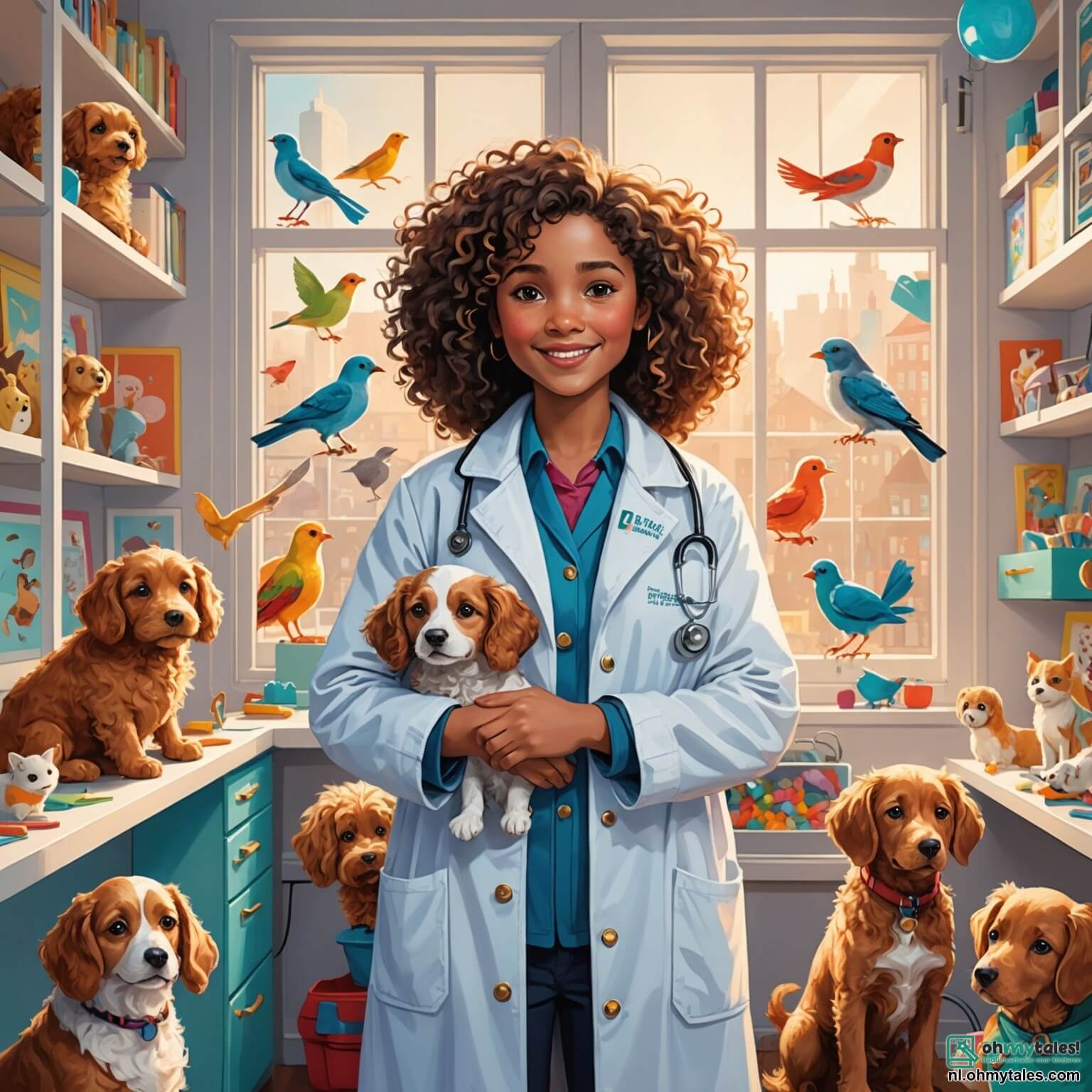 Une illustration destinée aux enfants représentant une vétérinaire au grand cœur, une femme à la chevelure bouclée et aux yeux pétillants de compassion, vêtue d'une blouse blanche éclatante ornée de dessins colorés d'animaux, qui se tient dans une pratique lumineuse et accueillante, où les murs sont décorés de posters joyeux de chiens, de chats et d'oiseaux, tandis qu'une douce lumière filtre à travers les fenêtres, illuminant les jouets pour animaux éparpillés sur le sol, alors qu'elle aide un petit garçon aux yeux brillants de curiosité, qui rêve de devenir vétérinaire comme elle, et une petite fille au sourire chaleureux, qui tient tendrement son chat dans les bras, tous deux impatients de découvrir les merveilles de la médecine animale dans ce havre de paix où les animaux viennent chercher réconfort et soins.