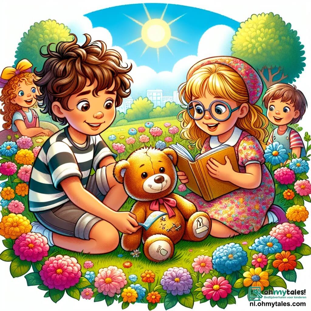 Une illustration sous forme de dessin destinée aux enfants représentant un parc ensoleillé rempli de fleurs colorées, où un garçon de 9 ans aux cheveux bruns en bataille et portant un t-shirt rayé est agenouillé, examinant attentivement une peluche teddy bear jaunie avec une patte déchirée, tandis qu'une fille aux cheveux bouclés et souriants, vêtue d'une robe à fleurs, et un garçon aux lunettes épaisses, tenant un livre, l'observent avec curiosité, tous trois plongés dans une enquête pour retrouver le propriétaire de la peluche perdue.