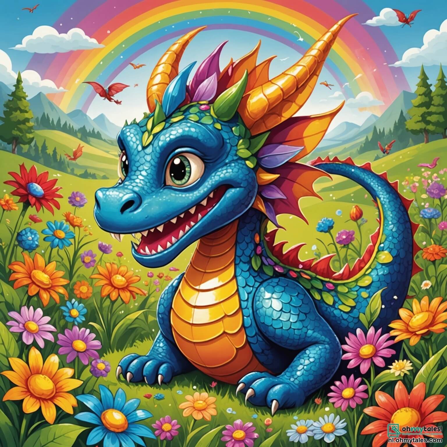 Une illustration destinée aux enfants représentant un dragon aux écailles scintillantes comme des gemmes multicolores, avec de grands yeux pétillants de malice et un sourire espiègle, qui se retrouve dans un champ de fleurs géantes aux couleurs éclatantes, où des créatures rigolotes comme des petits lapins aux oreilles en forme de trompettes et des oiseaux aux plumes arc-en-ciel volent autour de lui, alors qu'il tente de faire pousser une fleur magique pour impressionner ses amis, une petite fée aux ailes translucides et un hérisson aux piquants en forme de confettis, tous deux curieux et prêts à l'aider dans cette quête pleine de rires et d'aventures.