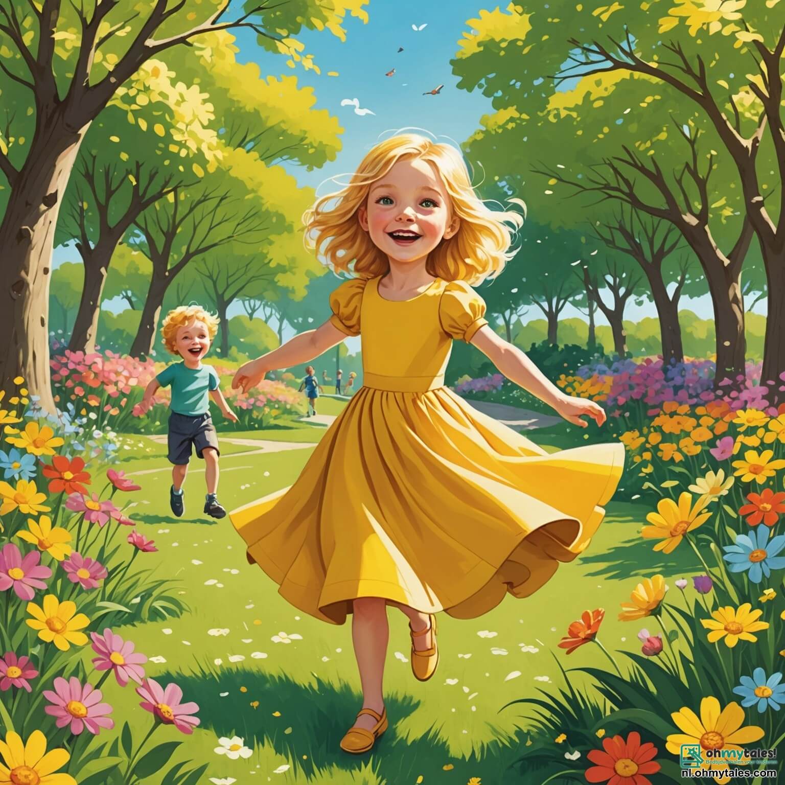 Une illustration destinée aux enfants représentant une petite fille aux cheveux dorés, vêtue d'une robe jaune éclatante qui danse au gré du vent printanier, se tenant joyeusement au milieu d'un parc verdoyant où les fleurs multicolores s'épanouissent sous le doux soleil, entourée de son ami espiègle, un garçon aux yeux pétillants et aux rires contagieux, alors qu'ils s'amusent à plonger dans un monde de jeux et de découvertes, tout en admirant les papillons virevoltant autour d'eux et les arbres majestueux qui bordent les allées, créant une toile de fond enchantée pour leur belle aventure printanière.